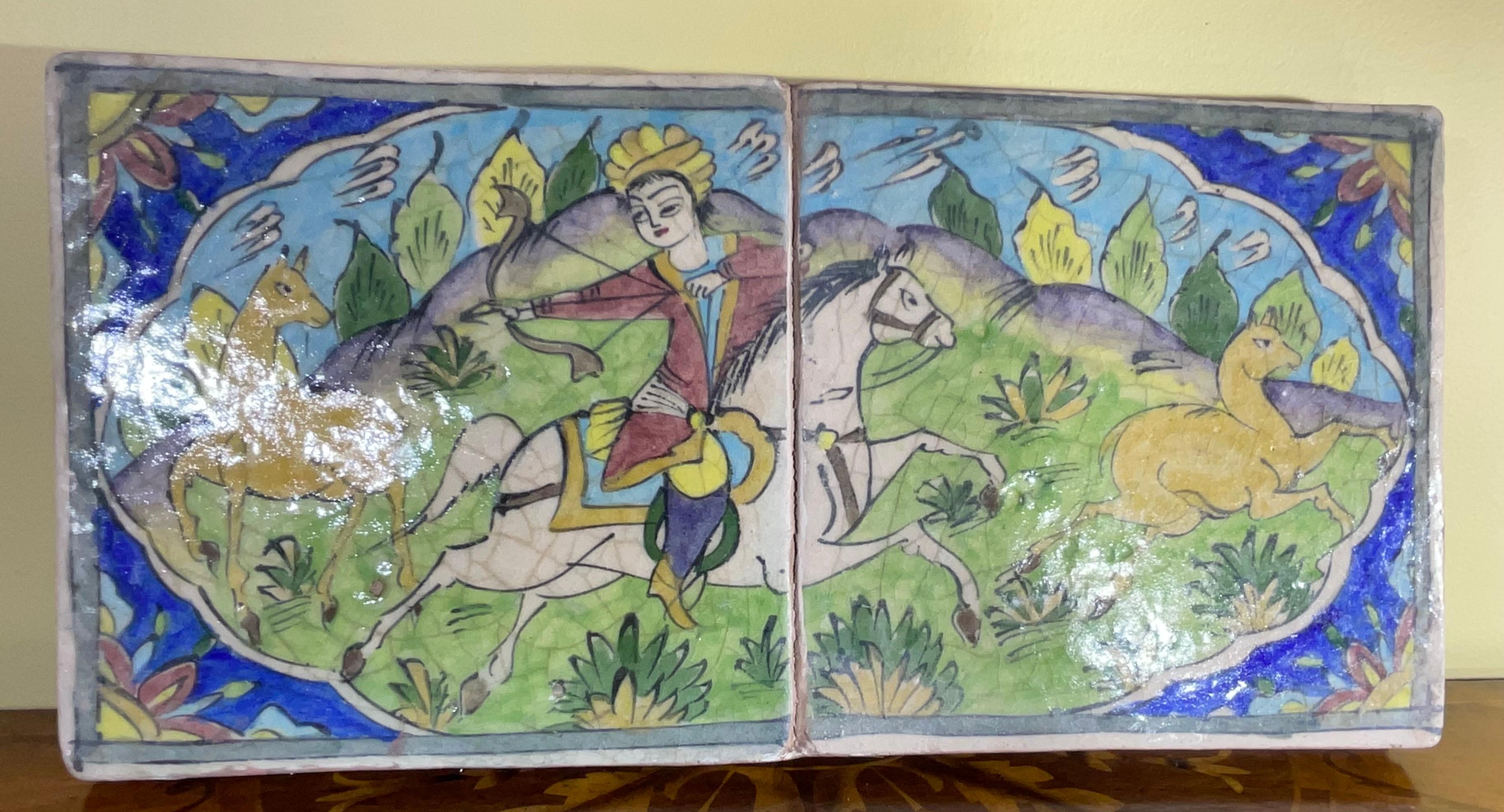 Vintage Persian Ceramic Hunting scene Wall Hanging Tile Set In Good Condition For Sale In Delray Beach, FL