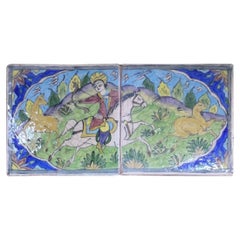 Vintage Persian Ceramic Hunting scene Wall Hanging Tile Set