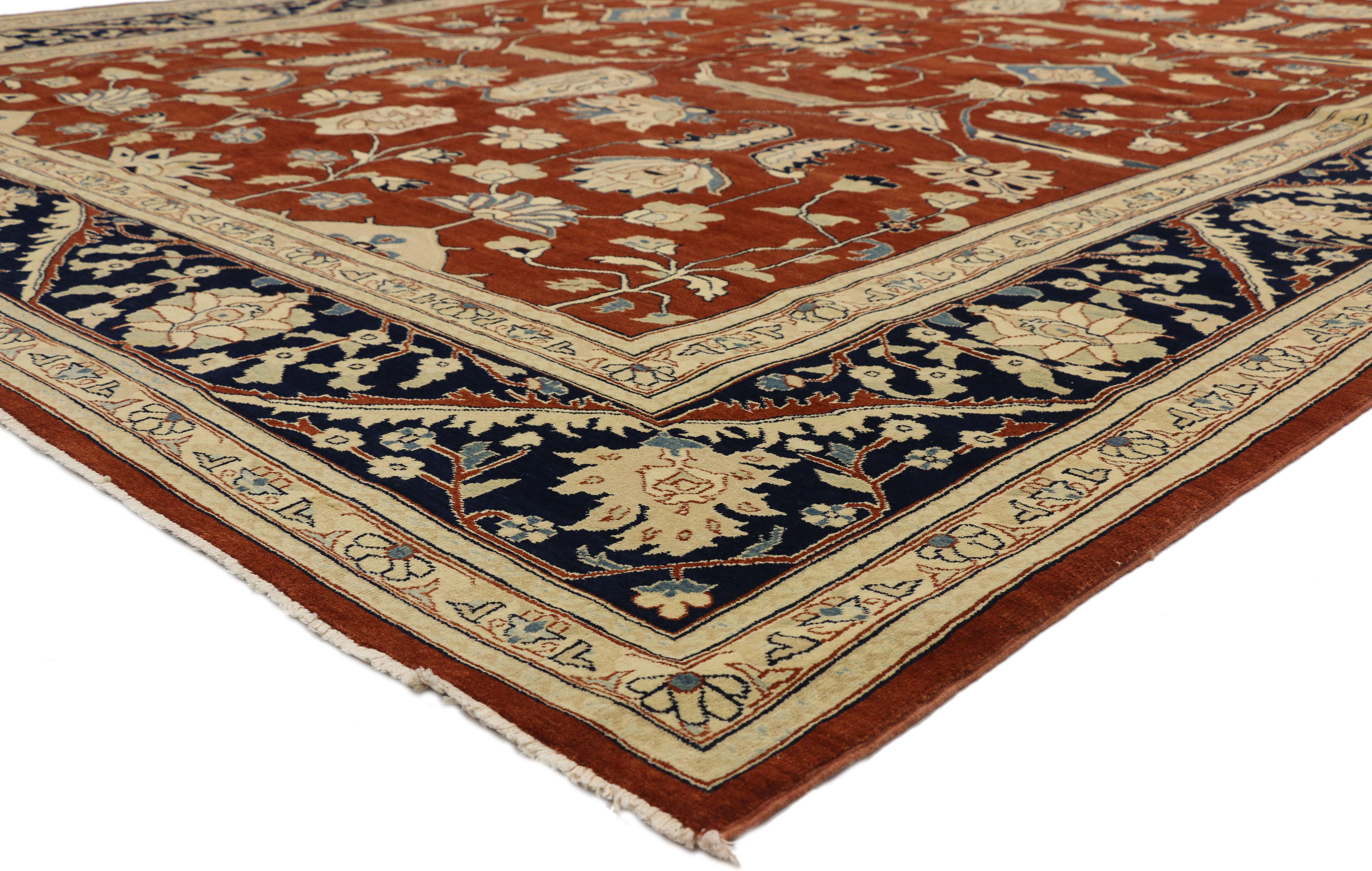 74583 vintage Persian Design Traditional Pakistani rug with Federal style. This hand knotted wool vintage Persian style area rug features an all-over lively botanical pattern composed of blooming palmettes, stylized lotus, diamond lozenges, leafy