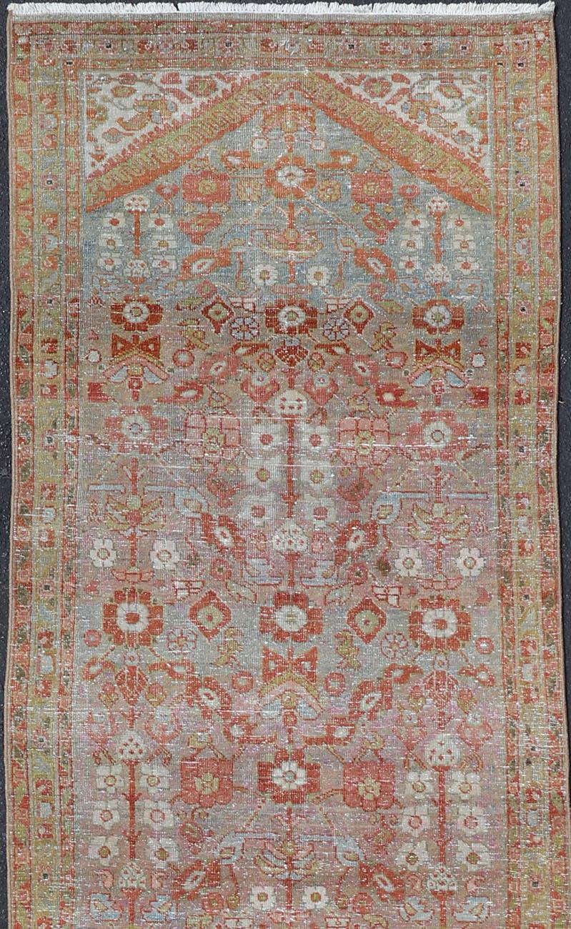 Sultanabad Vintage Persian Distressed Floral Mahal Runner in Red, Orange, Blue and Green For Sale