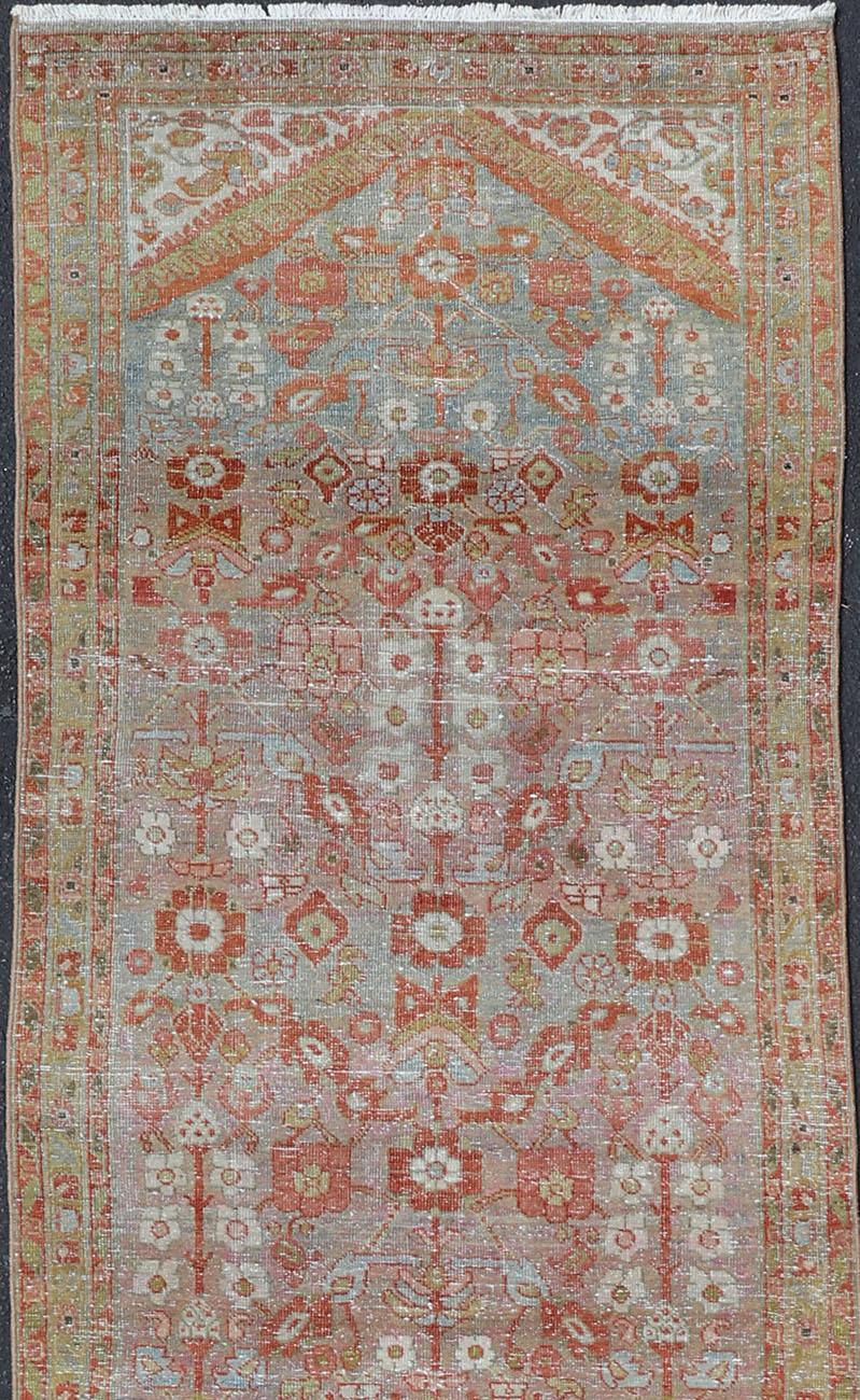 Sultanabad Vintage Persian Distressed Floral Mahal Runner in Red, Orange, Blue and Green For Sale
