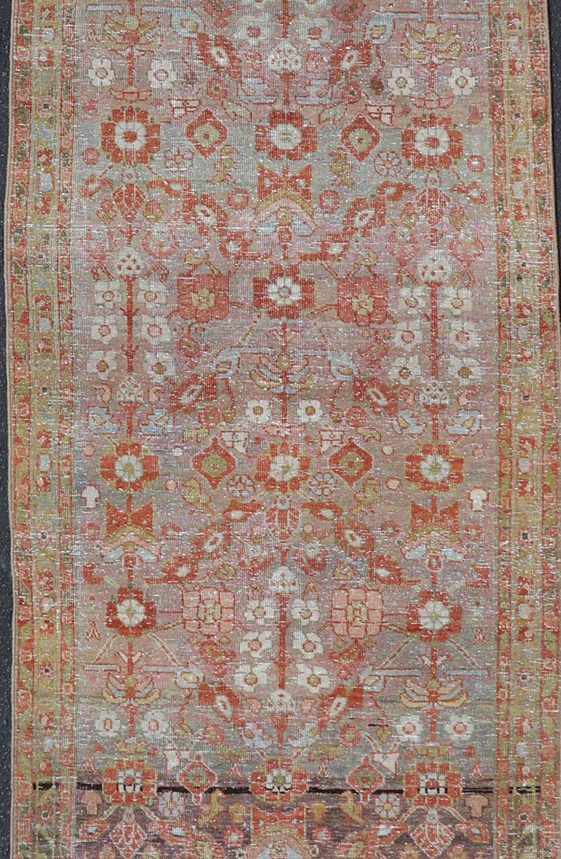 Hand-Knotted Vintage Persian Distressed Floral Mahal Runner in Red, Orange, Blue and Green For Sale