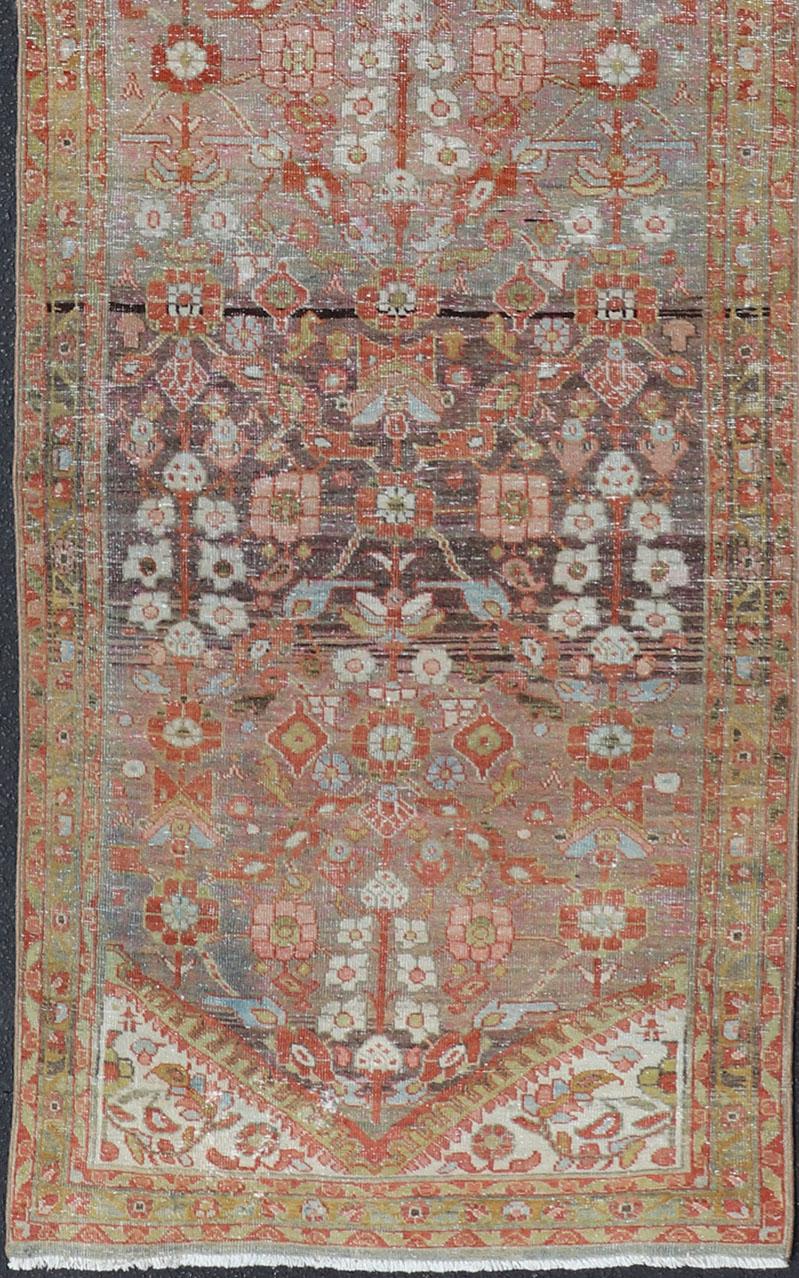 Vintage Persian Distressed Floral Mahal Runner in Red, Orange, Blue and Green In Good Condition For Sale In Atlanta, GA