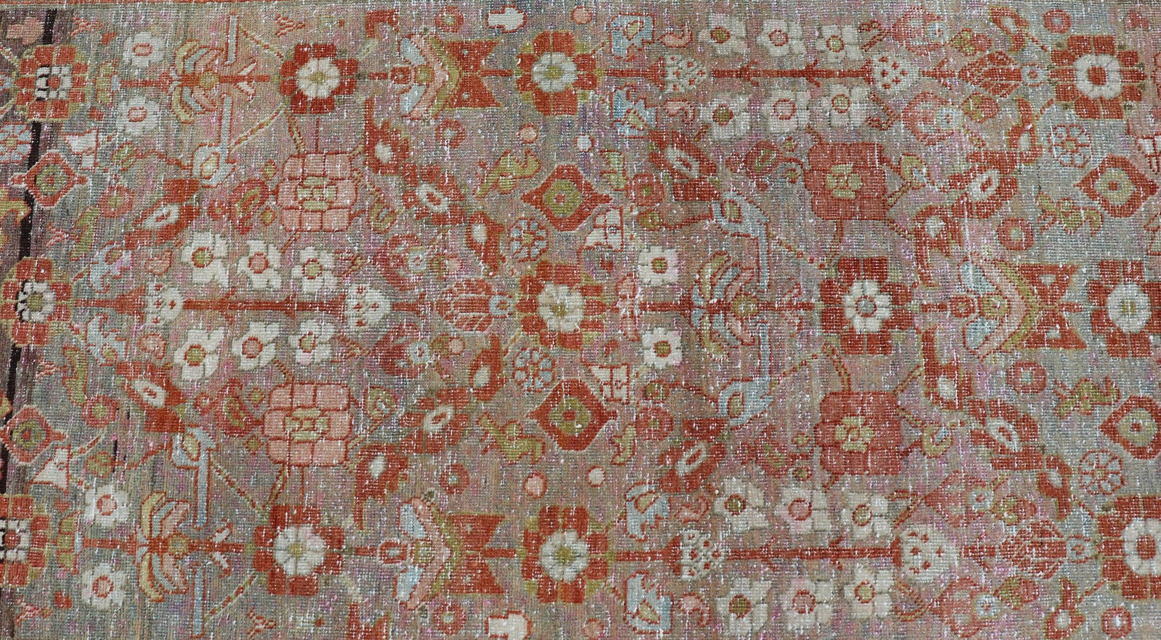 Vintage Persian Distressed Floral Mahal Runner in Red, Orange, Blue and Green For Sale 1