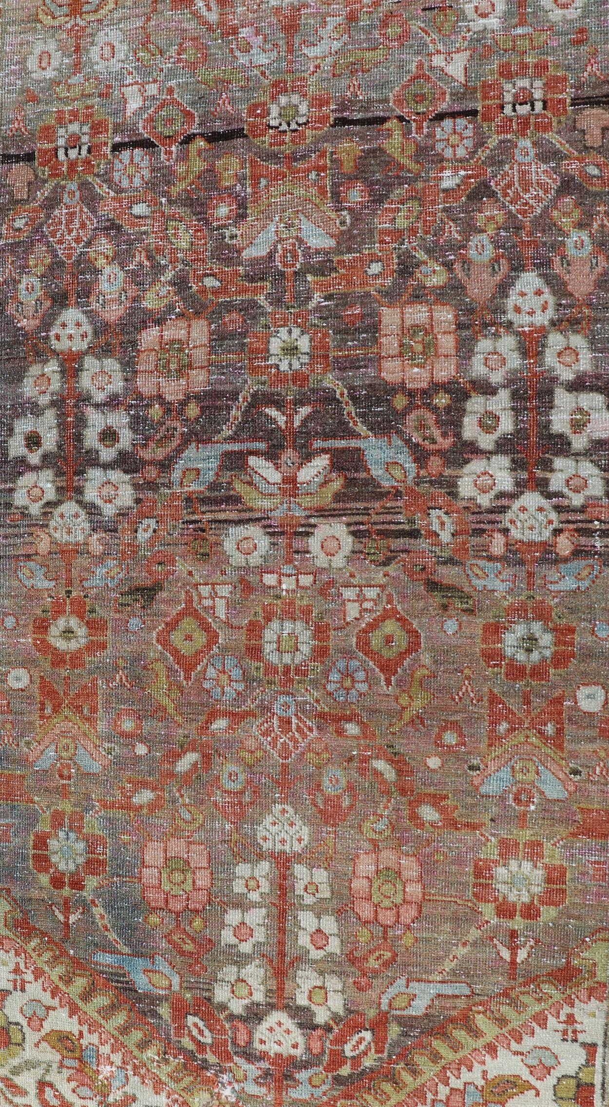 Vintage Persian Distressed Floral Mahal Runner in Red, Orange, Blue and Green For Sale 2