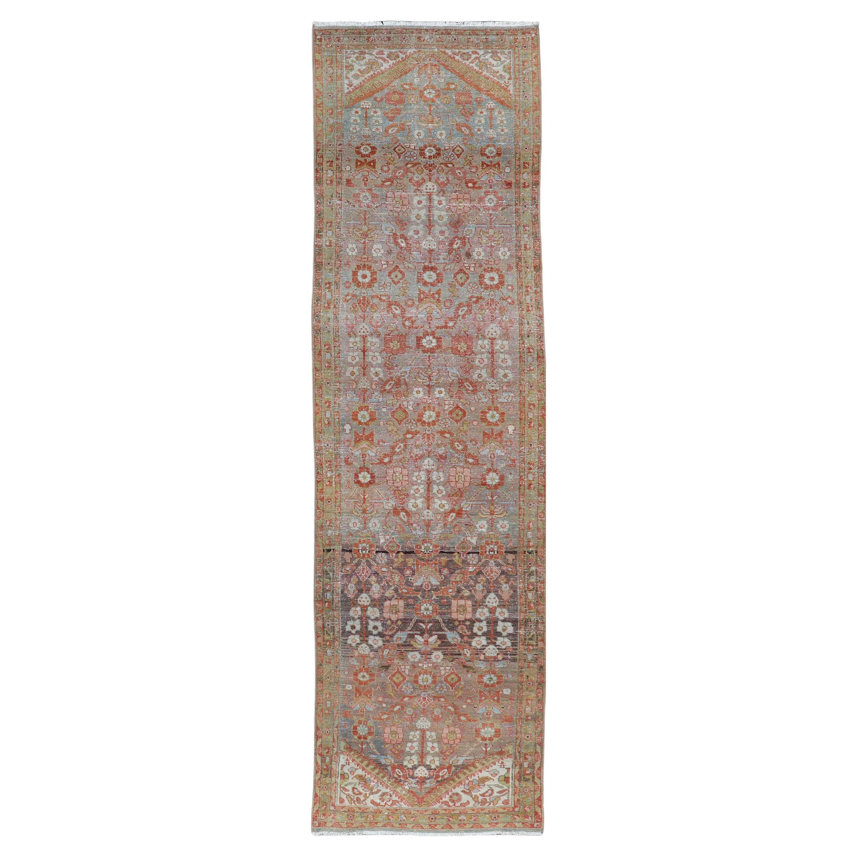 Vintage Persian Distressed Floral Mahal Runner in Red, Orange, Blue and Green For Sale