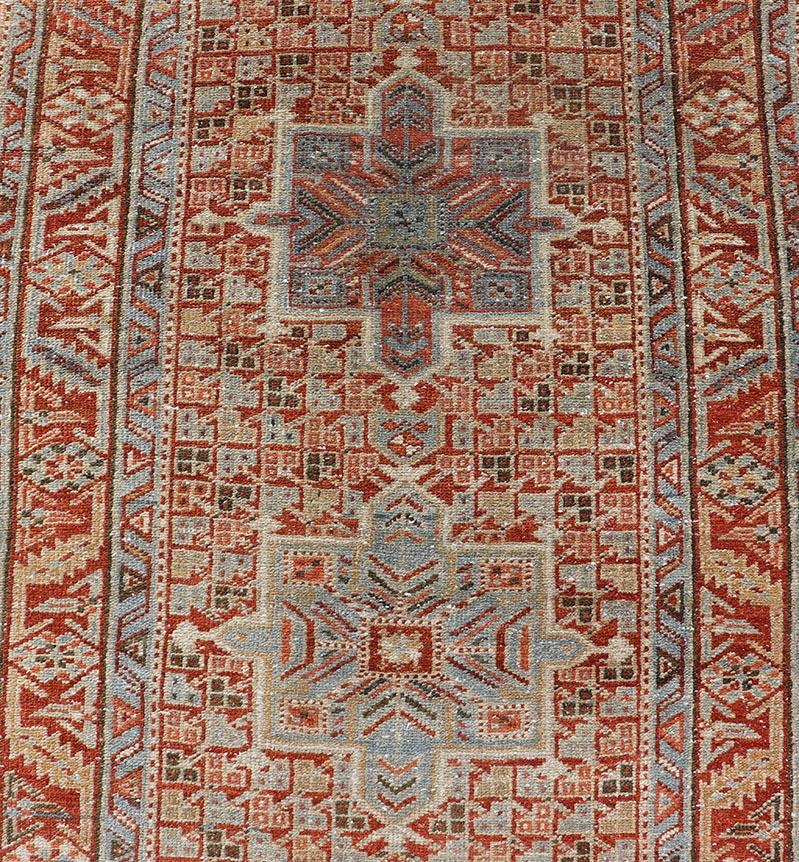 Vintage Persian Distressed Heriz Runner in Wool with Tribal Medallions In Good Condition For Sale In Atlanta, GA