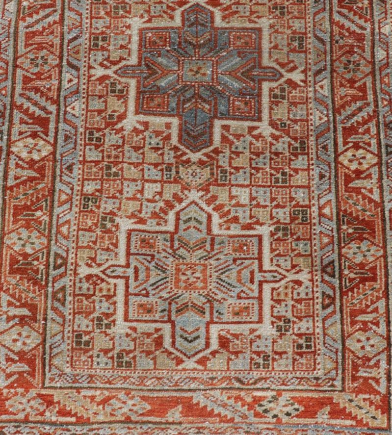 Vintage Persian Distressed Heriz Runner in Wool with Tribal Medallions For Sale 1