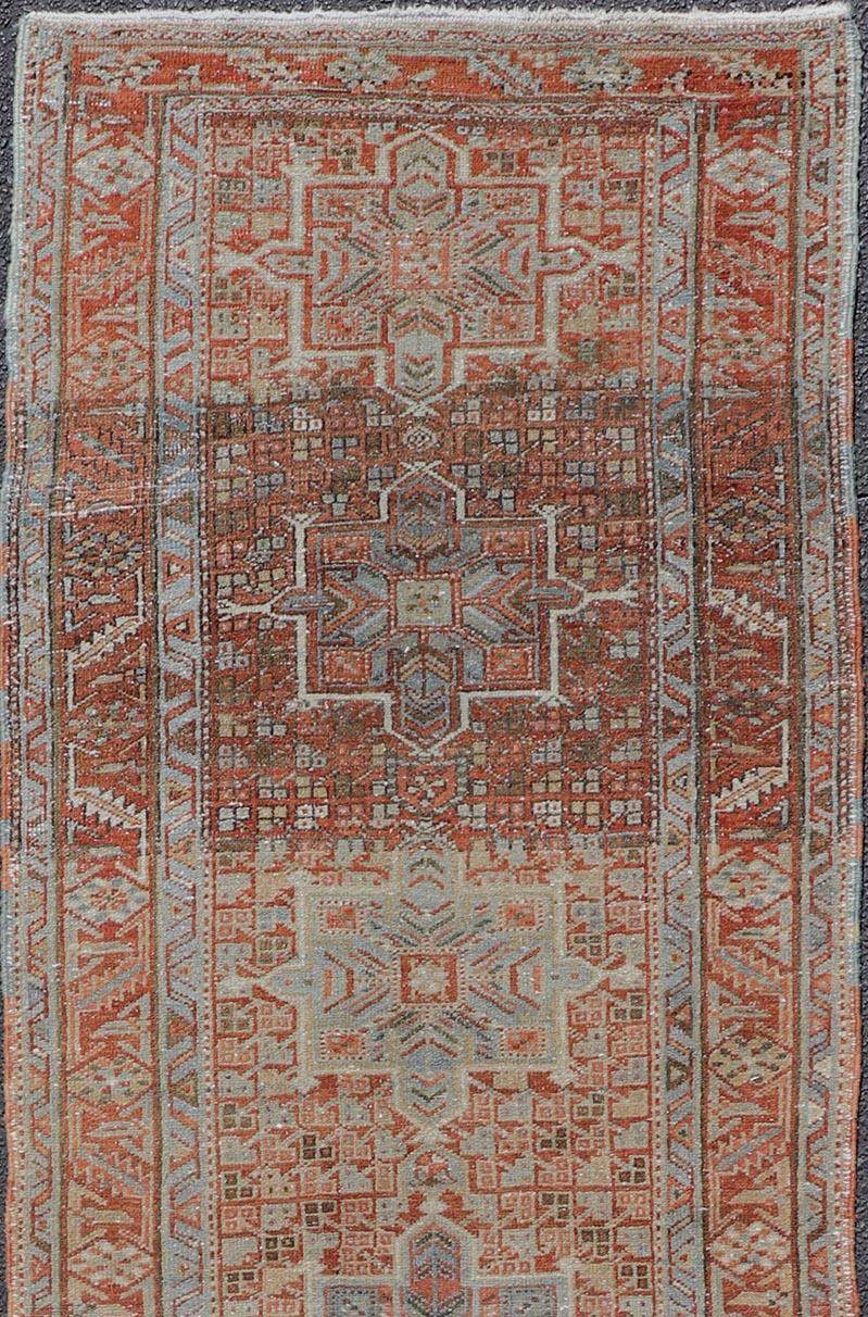 Vintage Persian Distressed Heriz Runner in Wool with Tribal Medallions For Sale 2