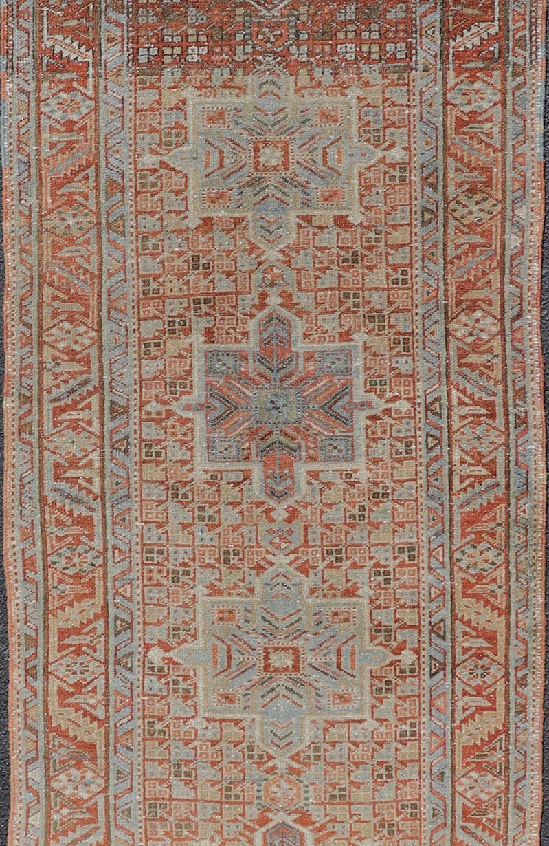 Vintage Persian Distressed Heriz Runner in Wool with Tribal Medallions For Sale 3