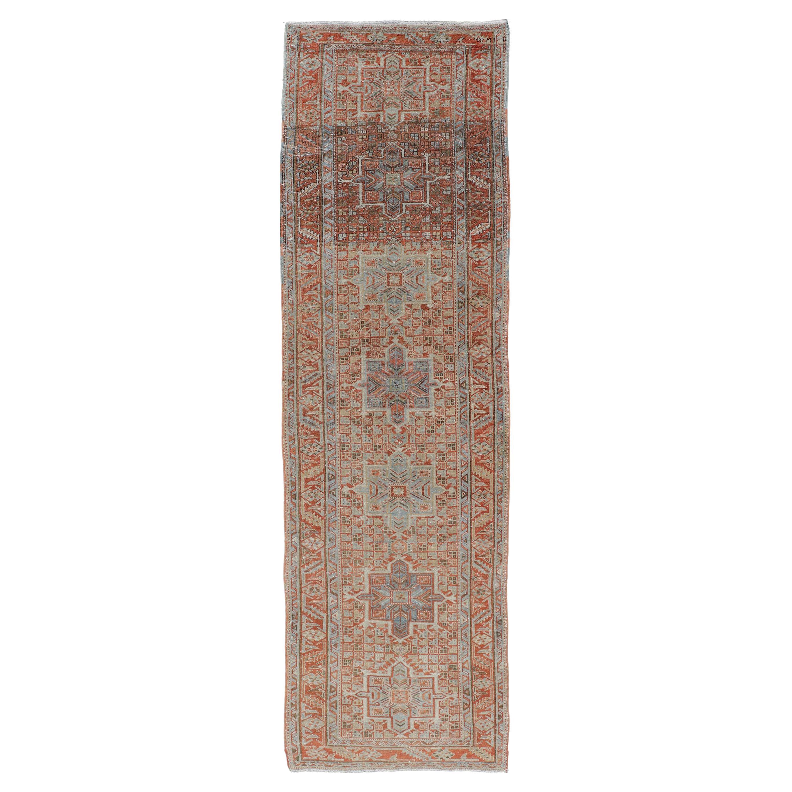 Vintage Persian Distressed Heriz Runner in Wool with Tribal Medallions For Sale