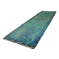 Vintage Persian Distressed Overdye Wool 3x12 Teal & Blue Handmade Runner Rug