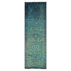 Vintage Persian Distressed Overdye Wool 3x12 Teal & Blue Handmade Runner Rug