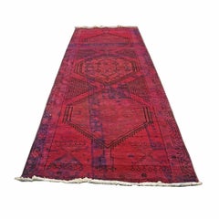 Vintage Persian Distressed Overdye Wool 3x9 Fuchsia Handmade Runner Rug