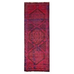Vintage Persian Distressed Overdye Wool 3x9 Fuchsia Handmade Runner Rug
