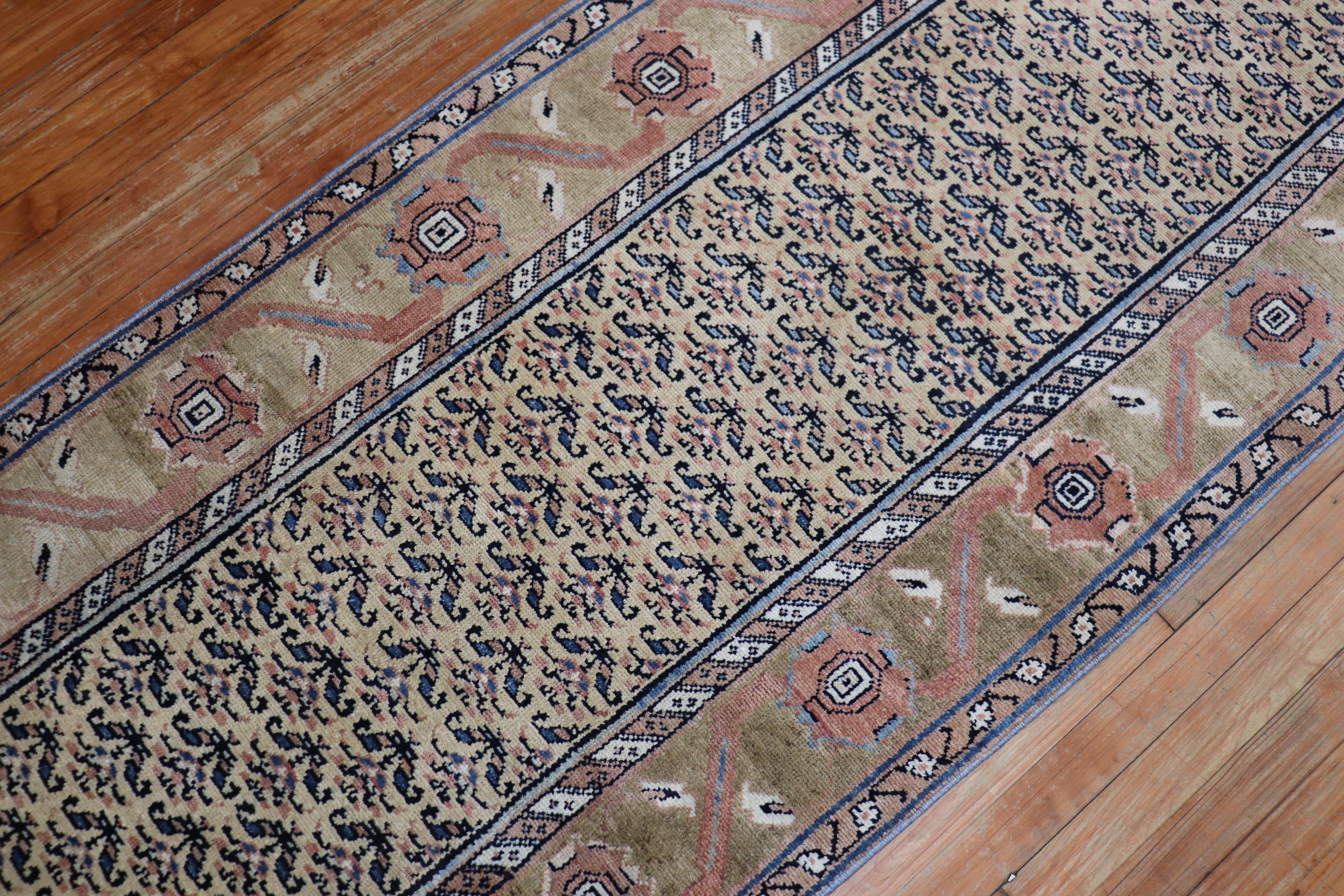 Country Vintage Persian Earth Tone Camel Navy Runner For Sale