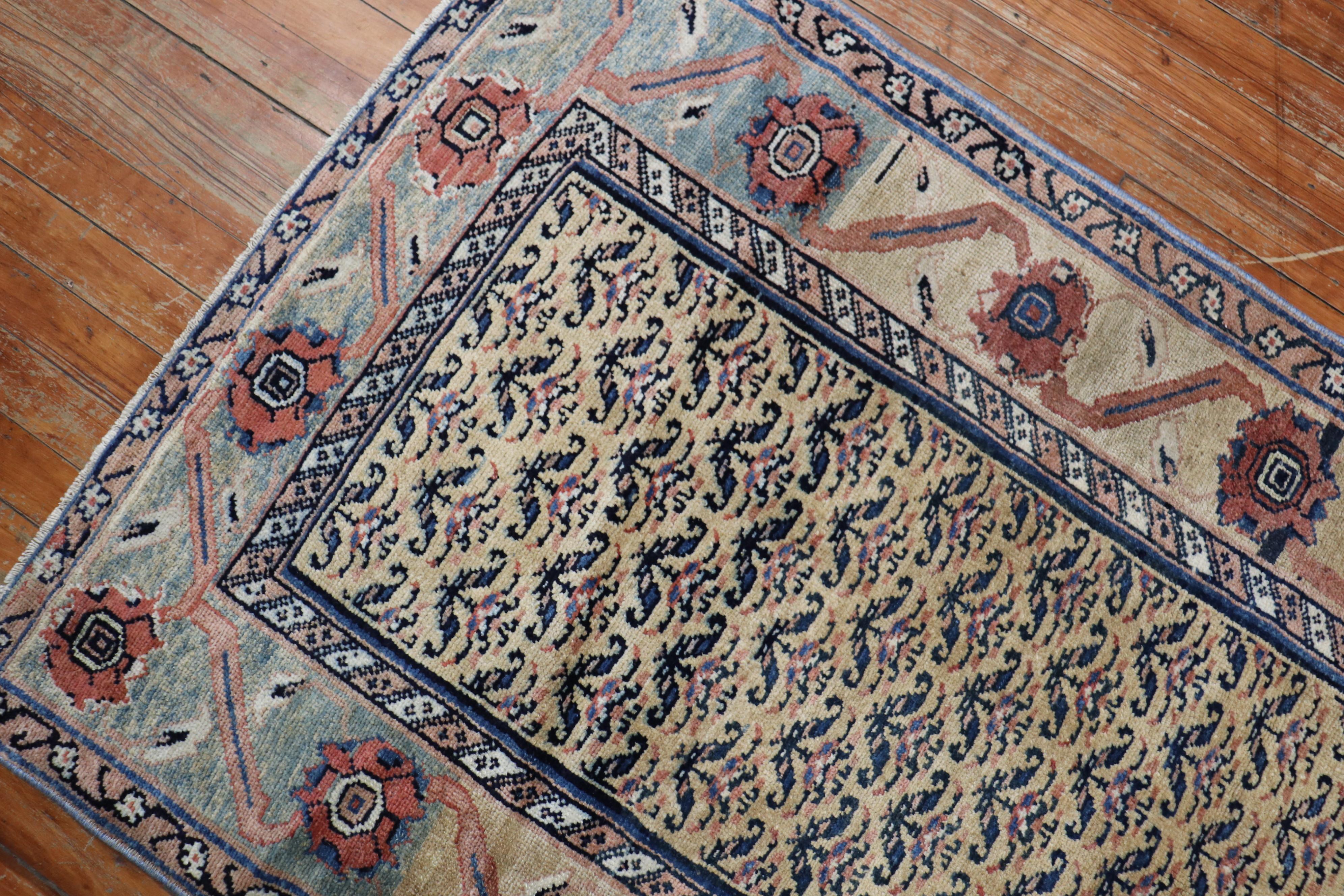 Hand-Woven Vintage Persian Earth Tone Camel Navy Runner For Sale