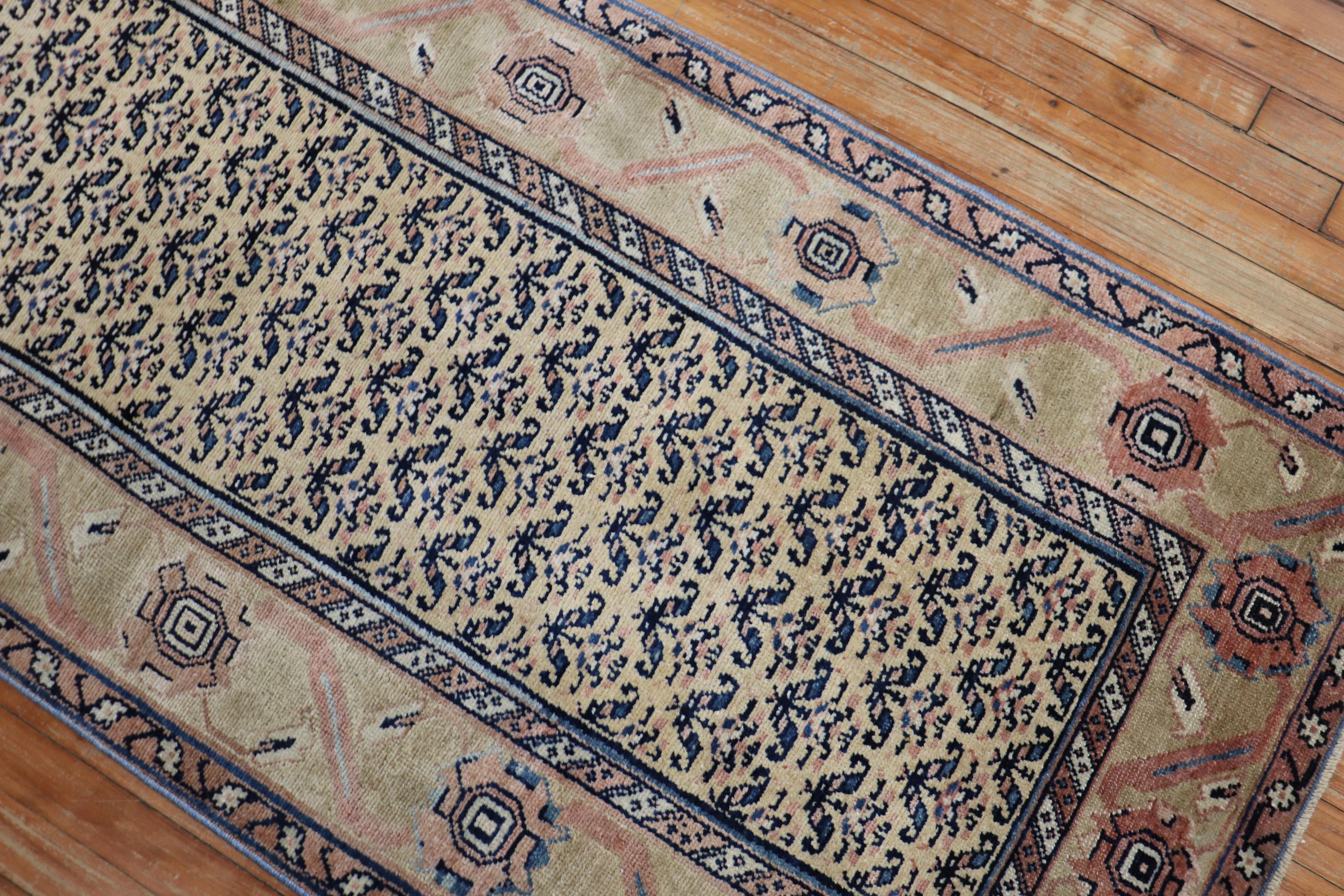 Mid-20th Century Vintage Persian Earth Tone Camel Navy Runner For Sale