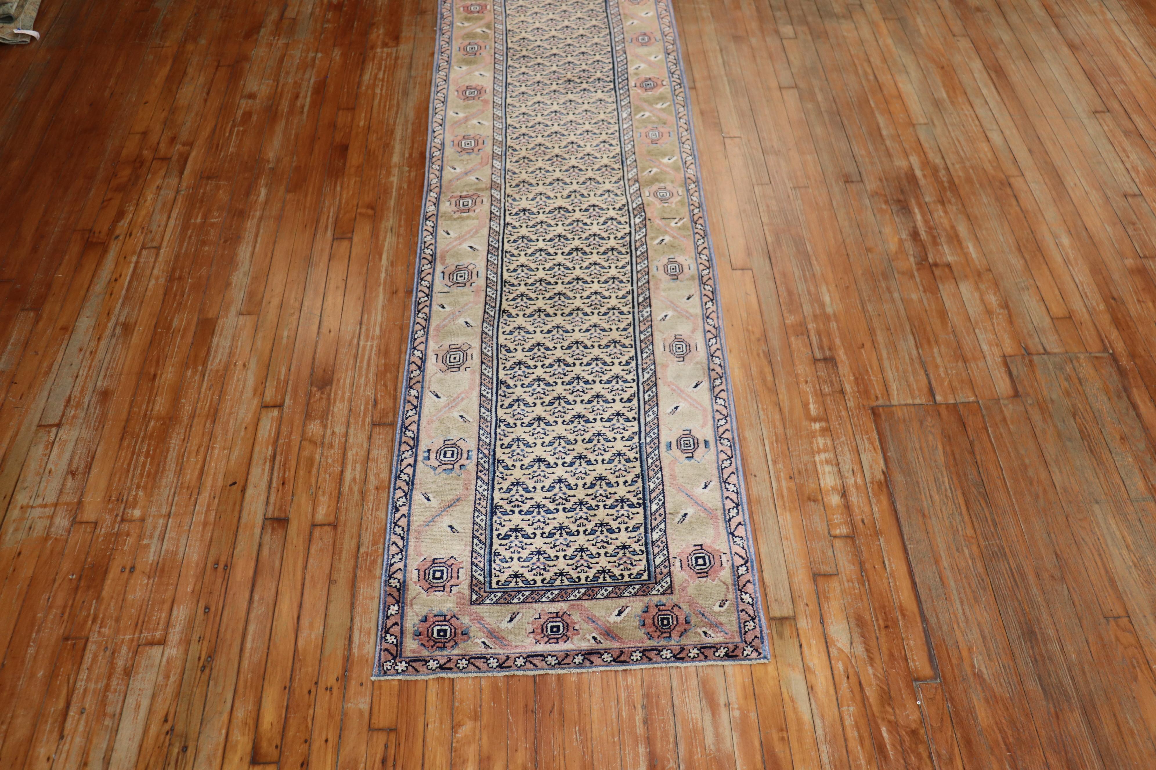 Wool Vintage Persian Earth Tone Camel Navy Runner For Sale