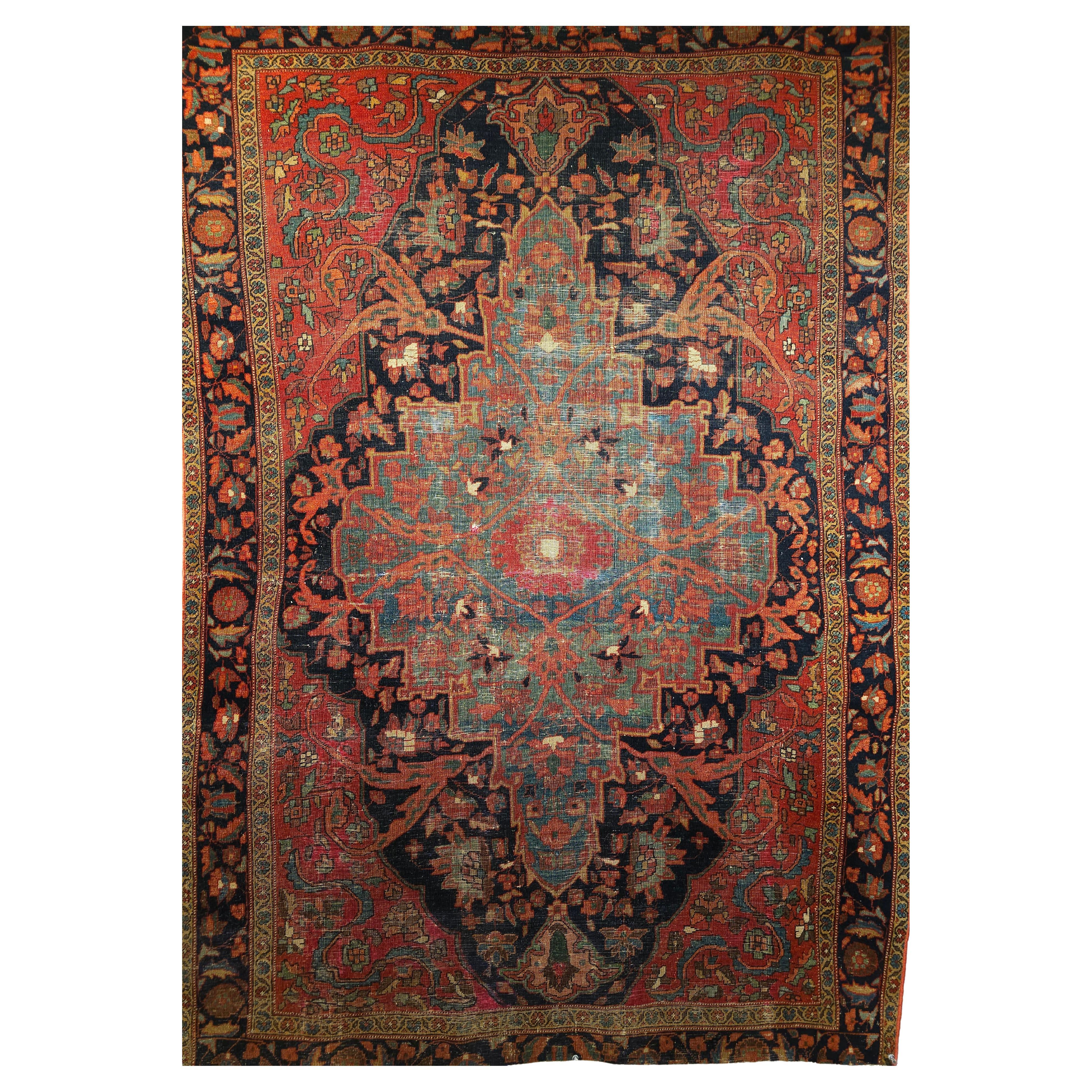 Vintage Persian Farahan with a Floral Design in Abrash Pale Blue/Green and Navy For Sale