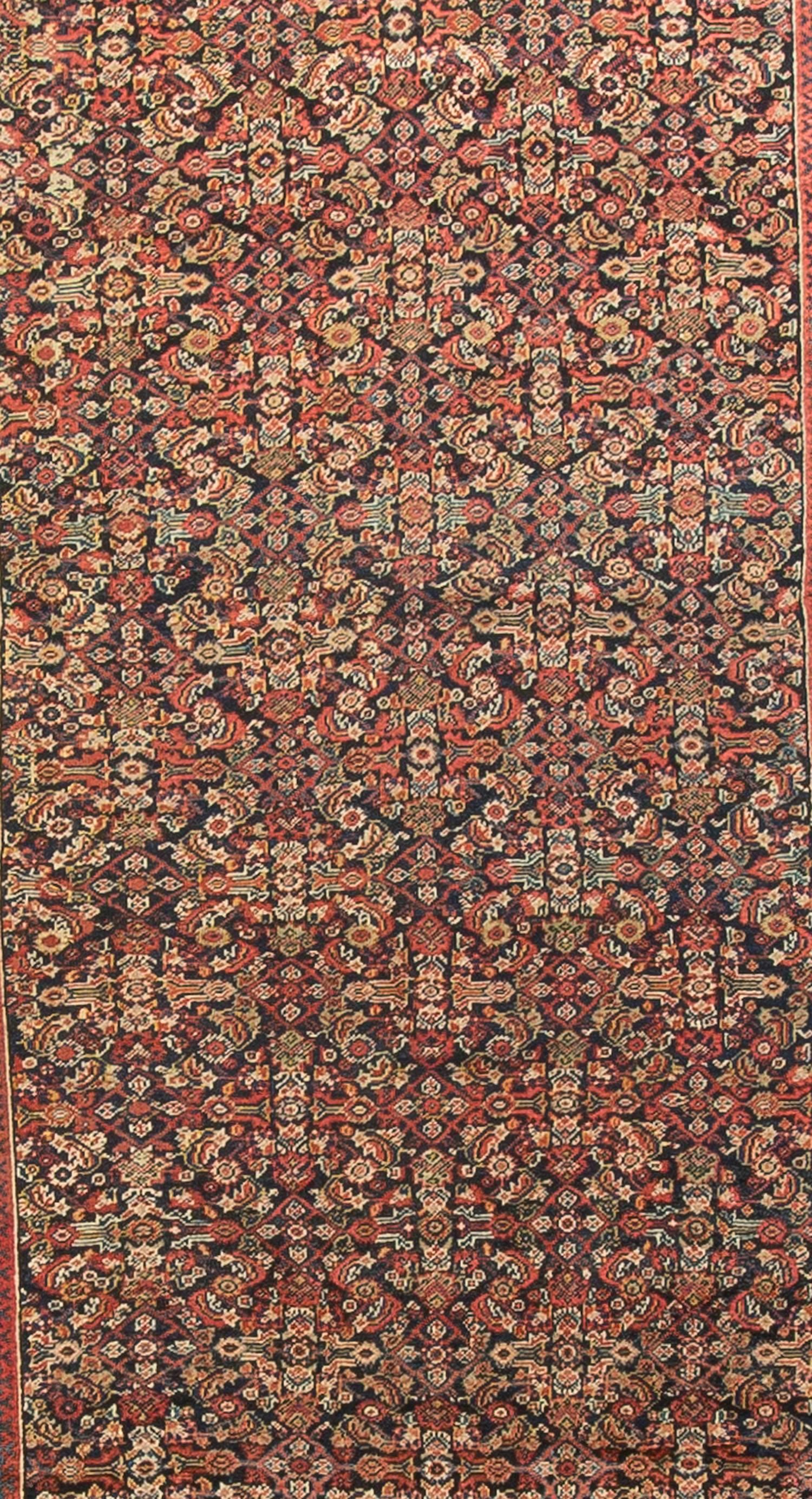 Now in Markazi Province, west Persia, the Feraghan district has woven a variety of styles and textures from good to truly exceptional quality from the 18th century onwards. The most recognizable are the dark blue gallery rugs with all-over repeating