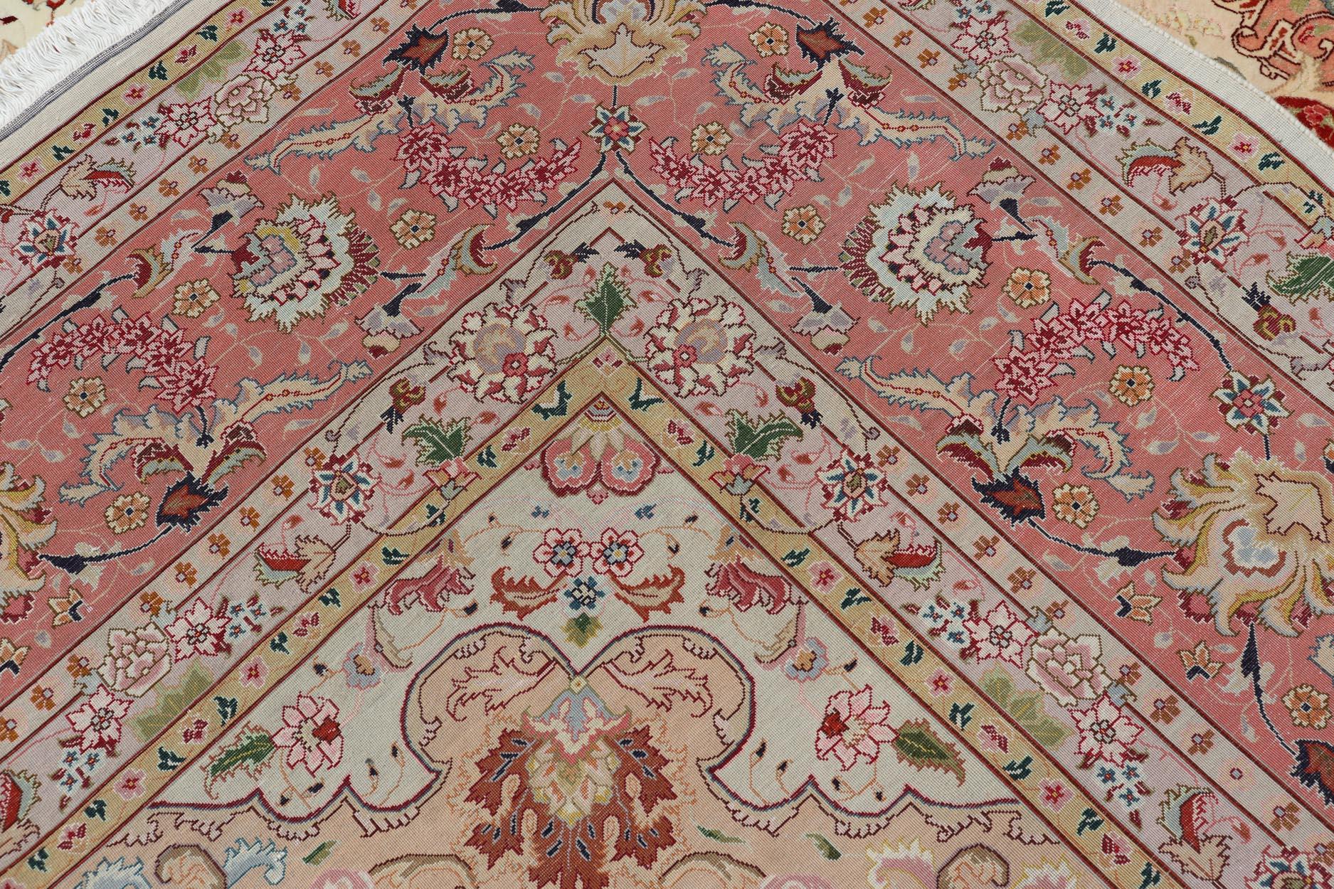  Vintage Persian Fine Tabriz Rug with Floral Medallion Design in Wool And Silk For Sale 9