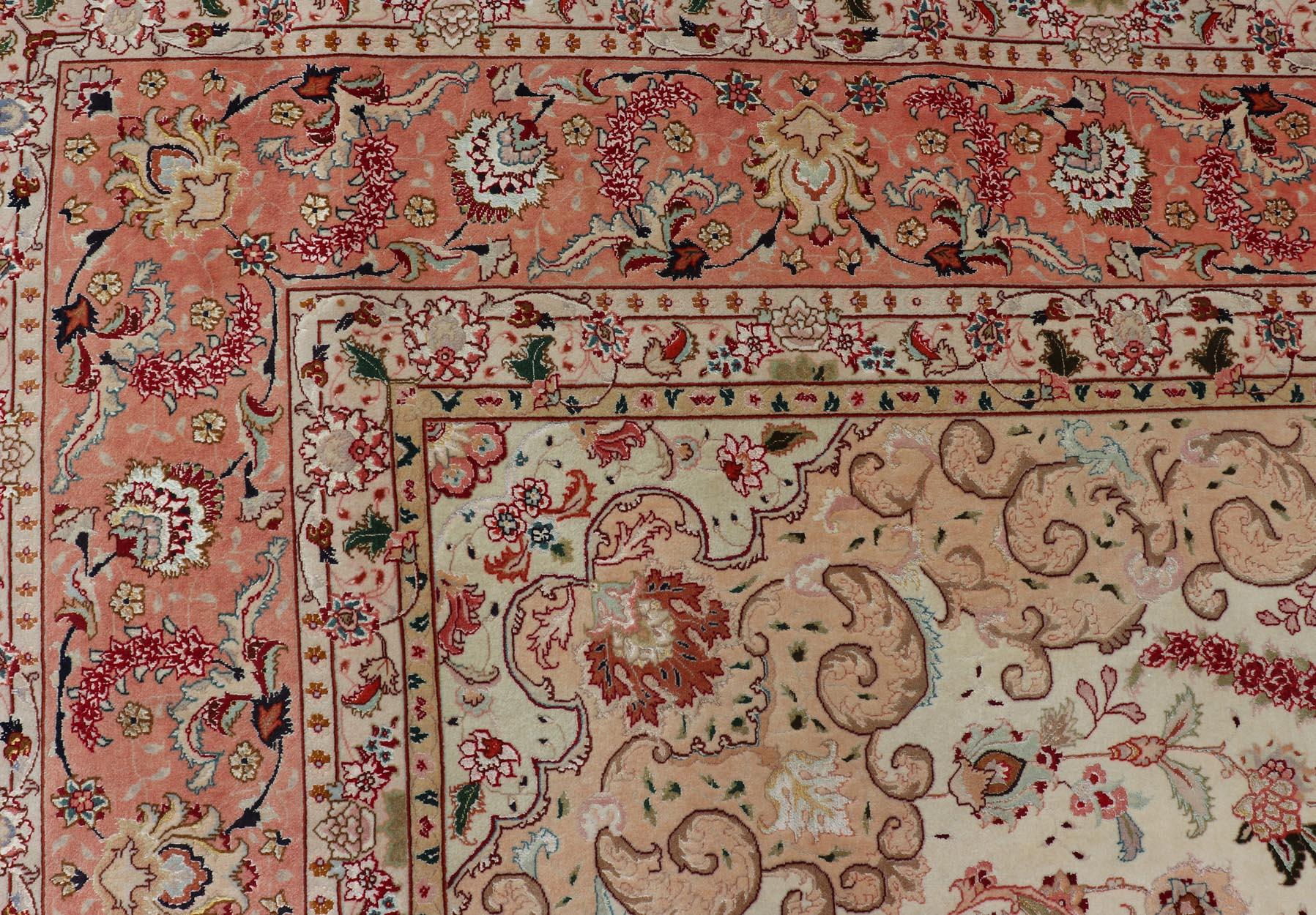 Vintage Persian Fine Tabriz Rug with Floral Medallion Design in Wool And Silk For Sale 3