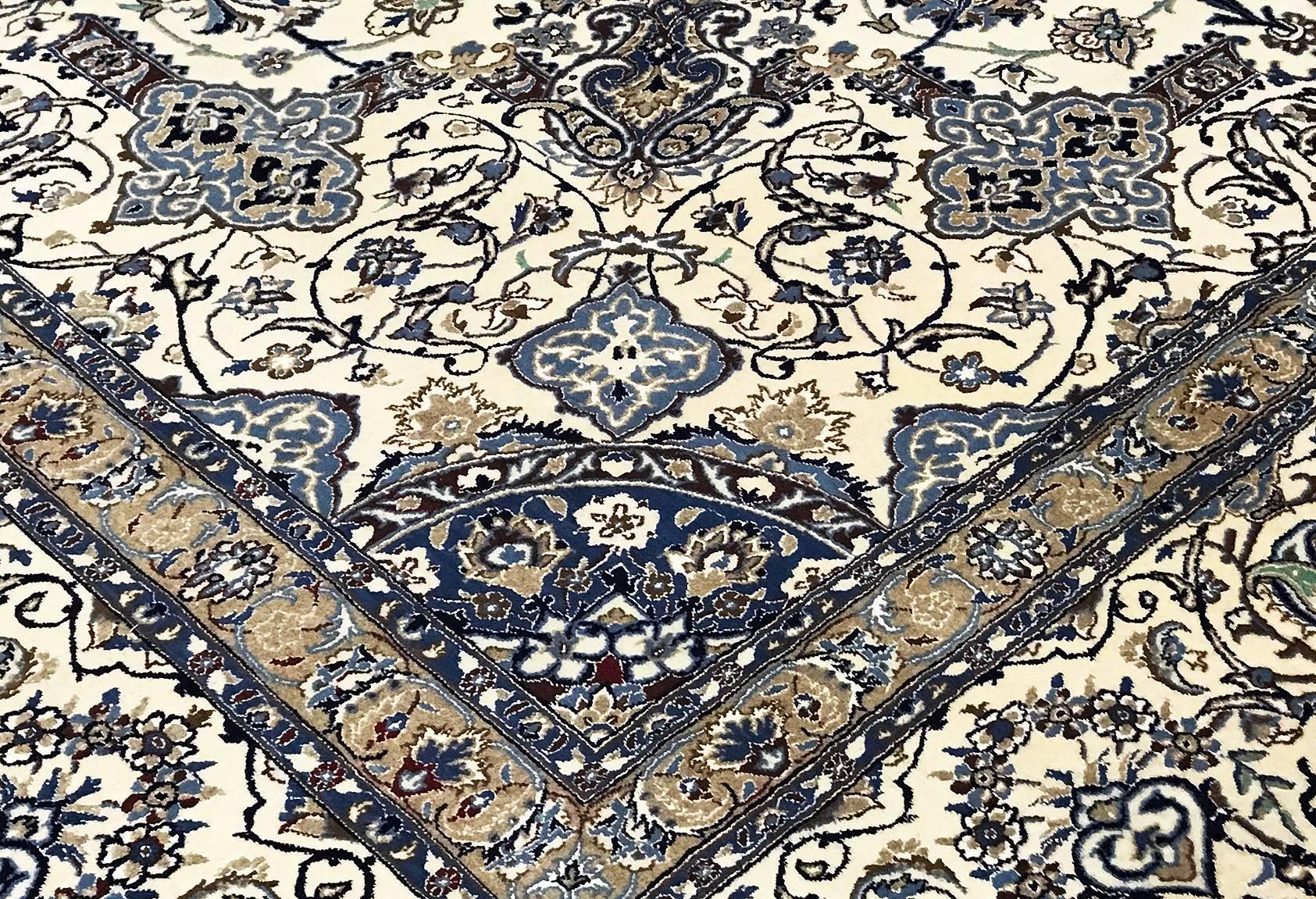 Finely woven in a combination of wool and silk to create a classically beautiful rug. Nain’s are the ne plus ultra of vintage Persian rugs. Ultra-fine. Ultra-velvety (from Kurk wool). Ultra-expensive. Ultra-Persian in style. Nain is in central
