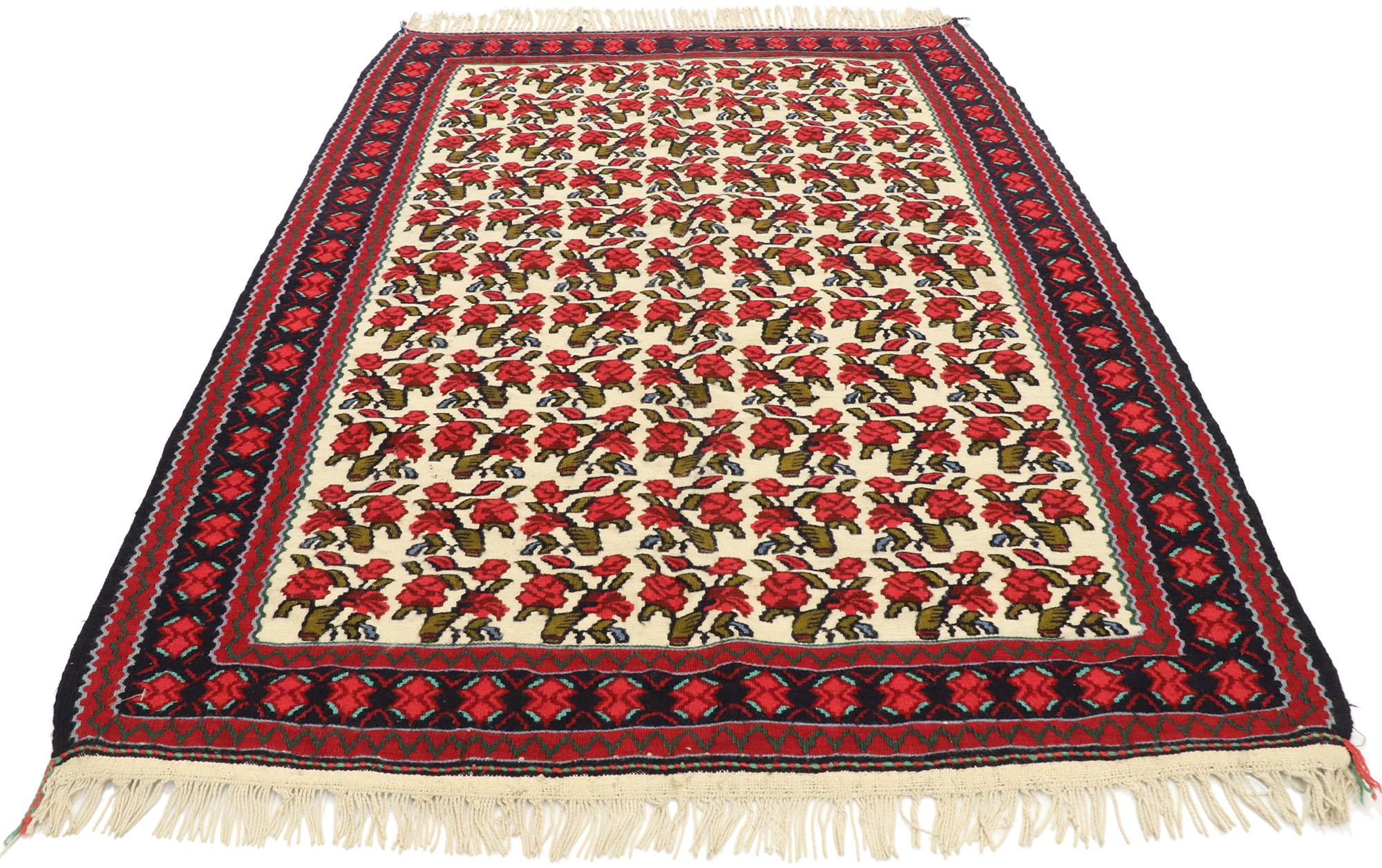 Hand-Woven Vintage Persian Floral Kilim Rug with English Tudor Manor House Style