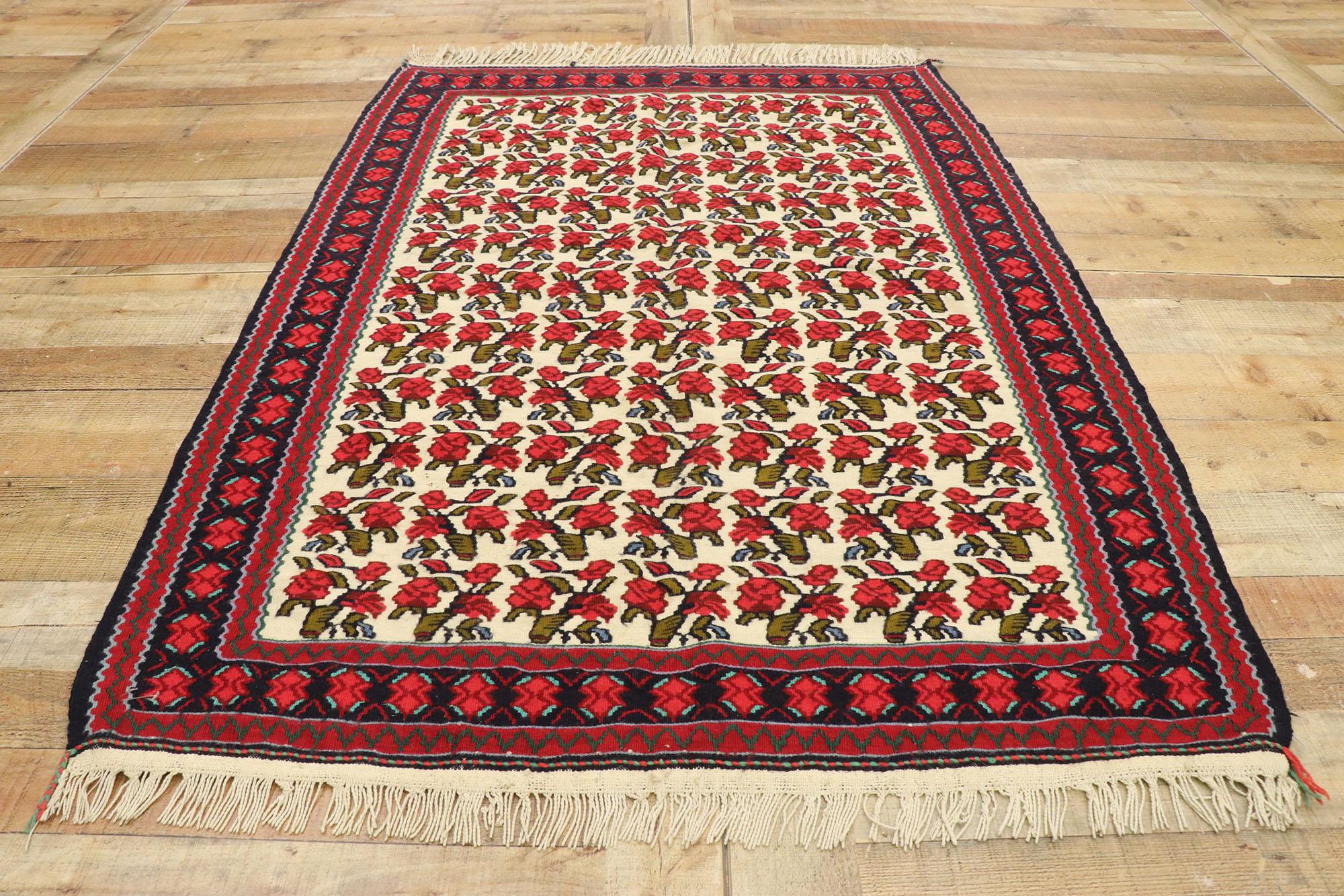 Wool Vintage Persian Floral Kilim Rug with English Tudor Manor House Style