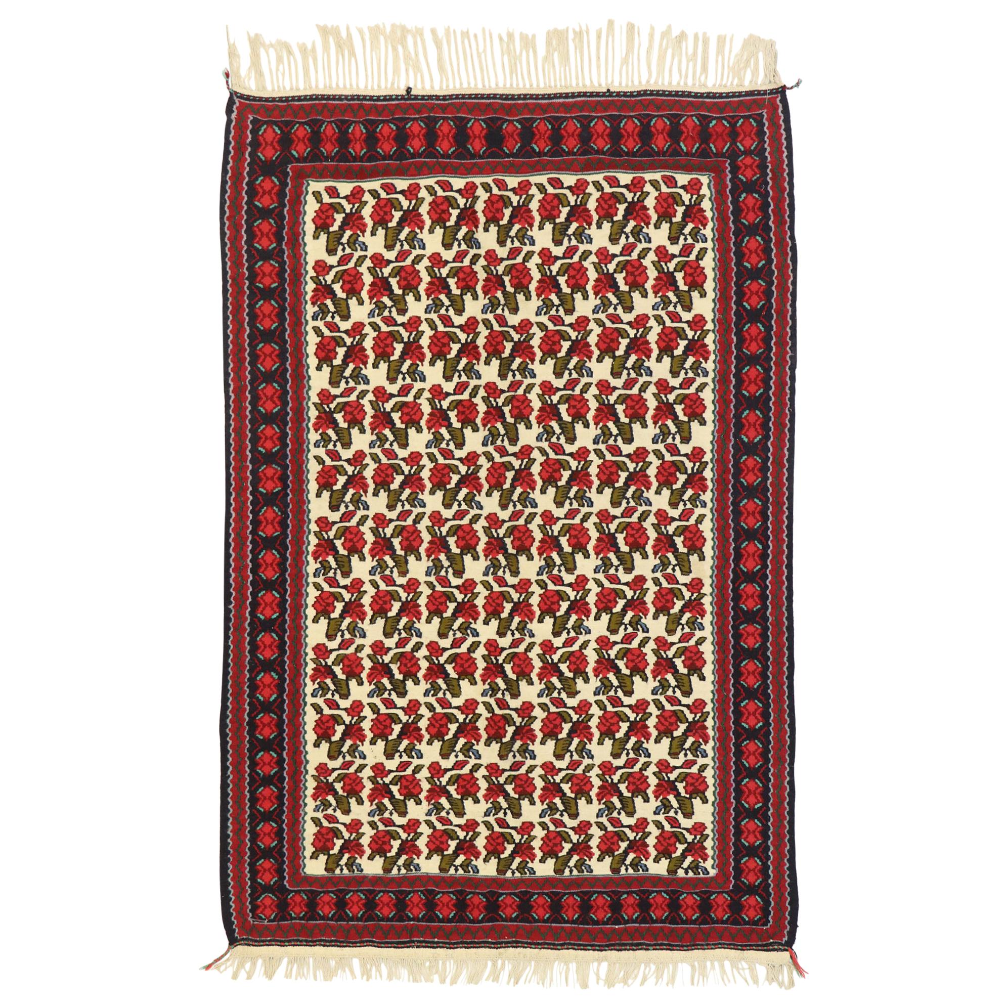 Vintage Persian Floral Kilim Rug with English Tudor Manor House Style