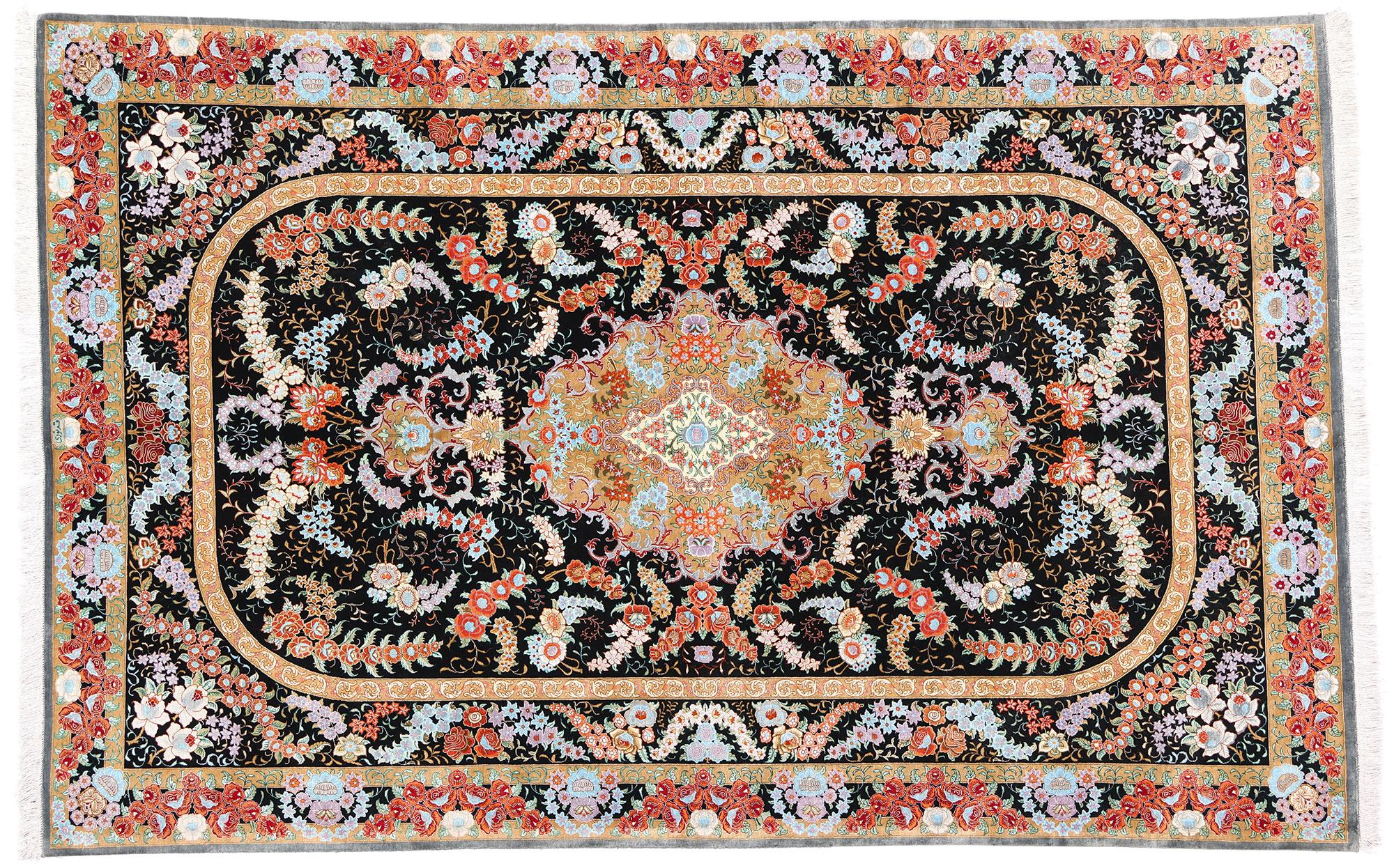 Vintage Persian Floral Silk Qum Area Rug For Sale 4