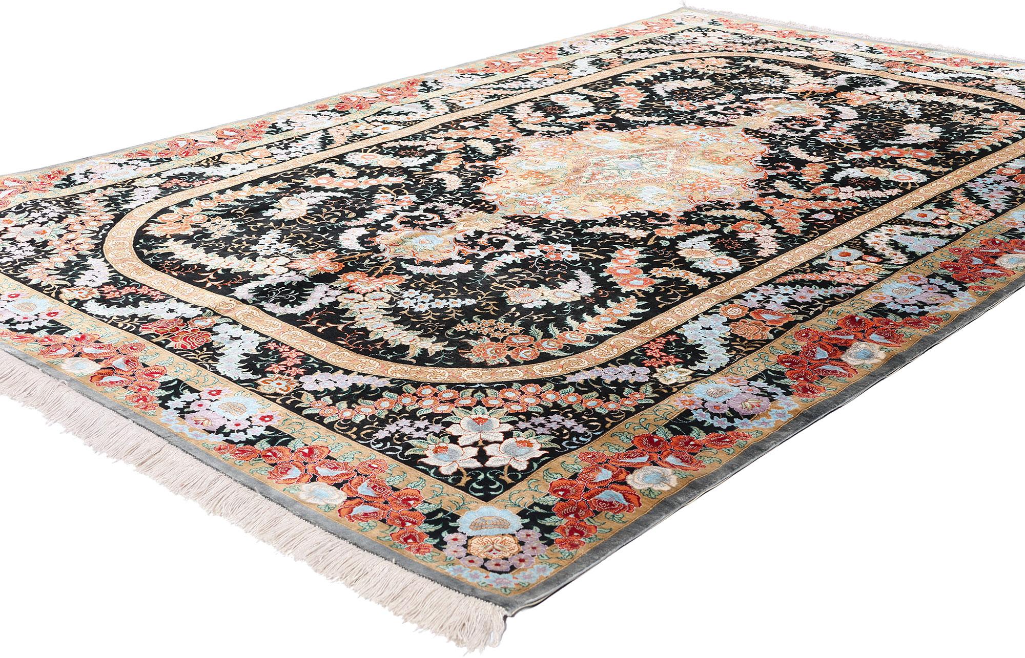 78903 Vintage Persian Silk Qum Rug, 05'02 x 08'01. Immerse yourself in the opulent beauty of this hand-knotted vintage Persian silk Qum rug, a true testament to the art of Persian craftsmanship. At the heart of this exquisite piece lies a