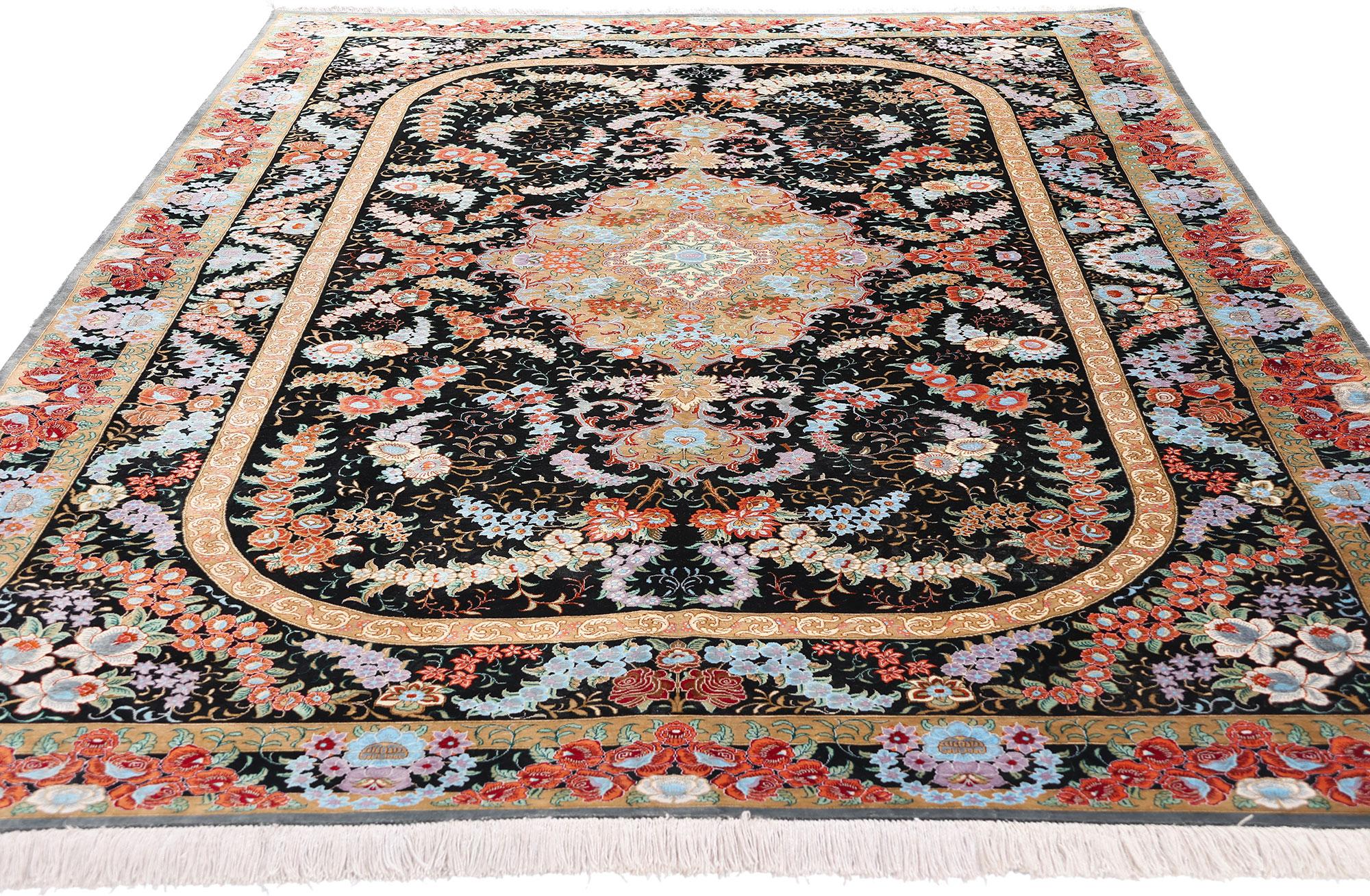 Kirman Vintage Persian Floral Silk Qum Area Rug For Sale