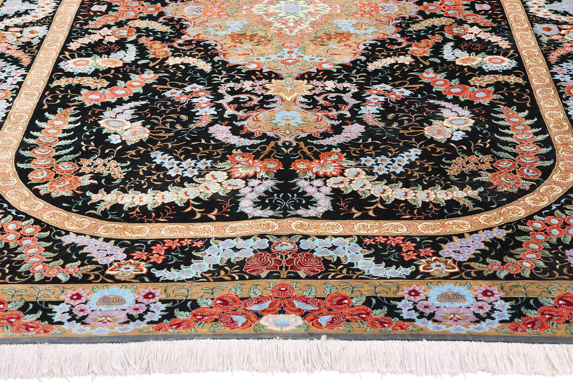 Hand-Knotted Vintage Persian Floral Silk Qum Area Rug For Sale