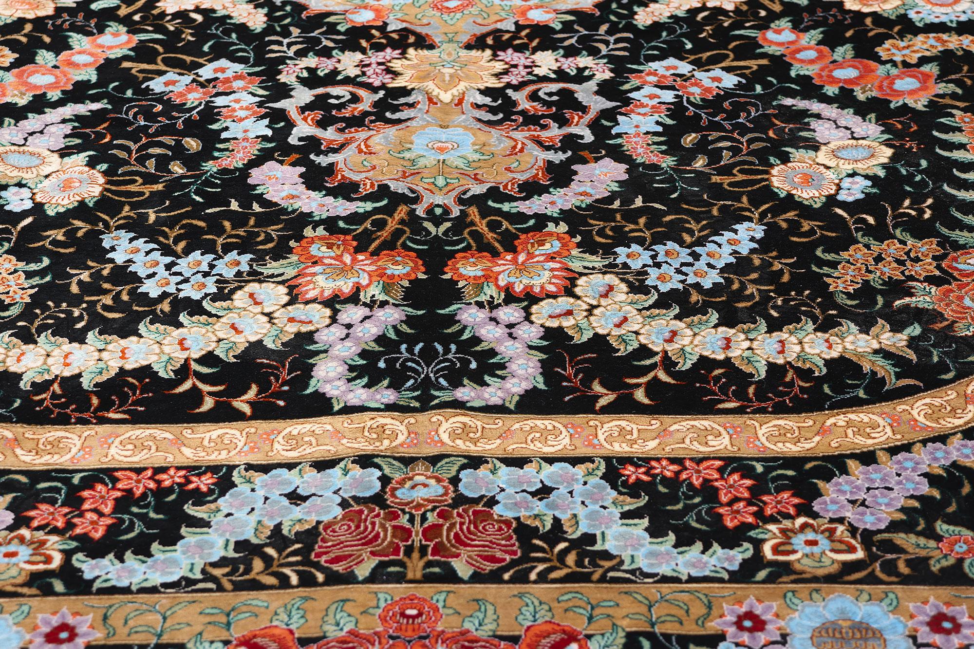 Vintage Persian Floral Silk Qum Area Rug In Good Condition For Sale In Dallas, TX