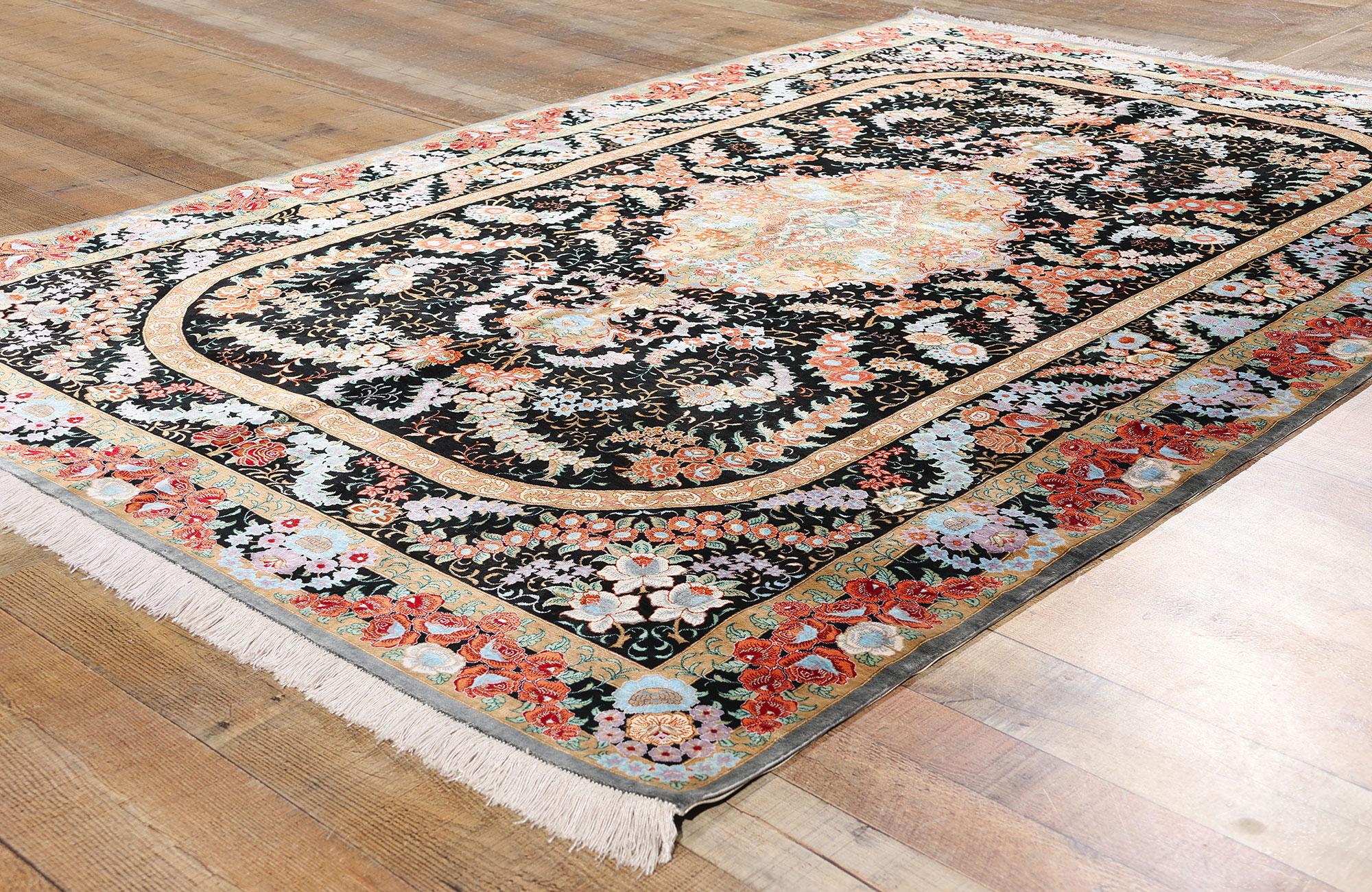 Vintage Persian Floral Silk Qum Area Rug For Sale 1