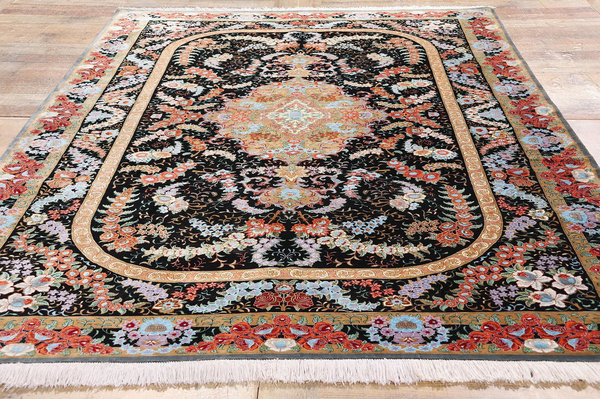 Vintage Persian Floral Silk Qum Area Rug For Sale 2