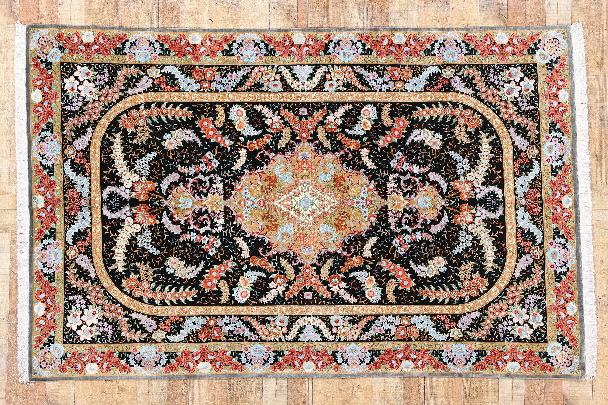 Vintage Persian Floral Silk Qum Area Rug For Sale 3