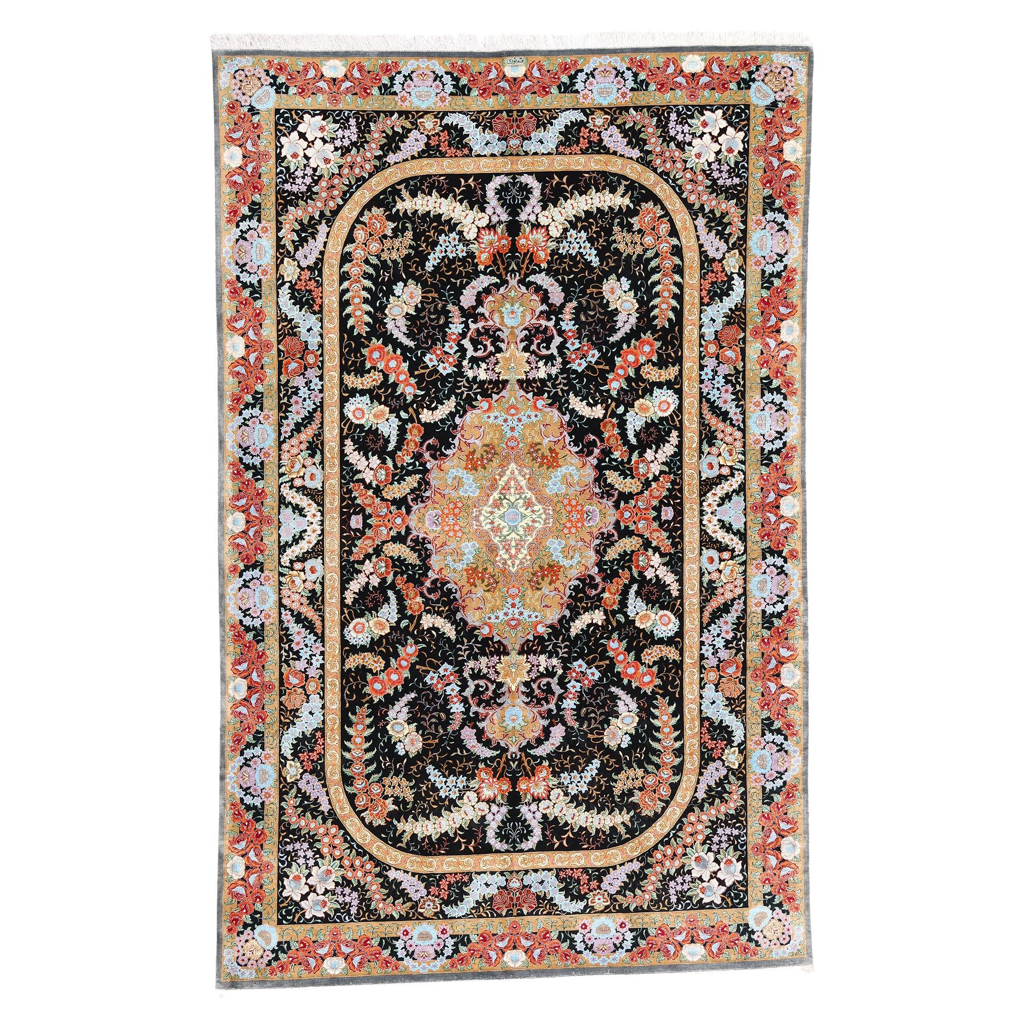 Vintage Persian Floral Silk Qum Area Rug