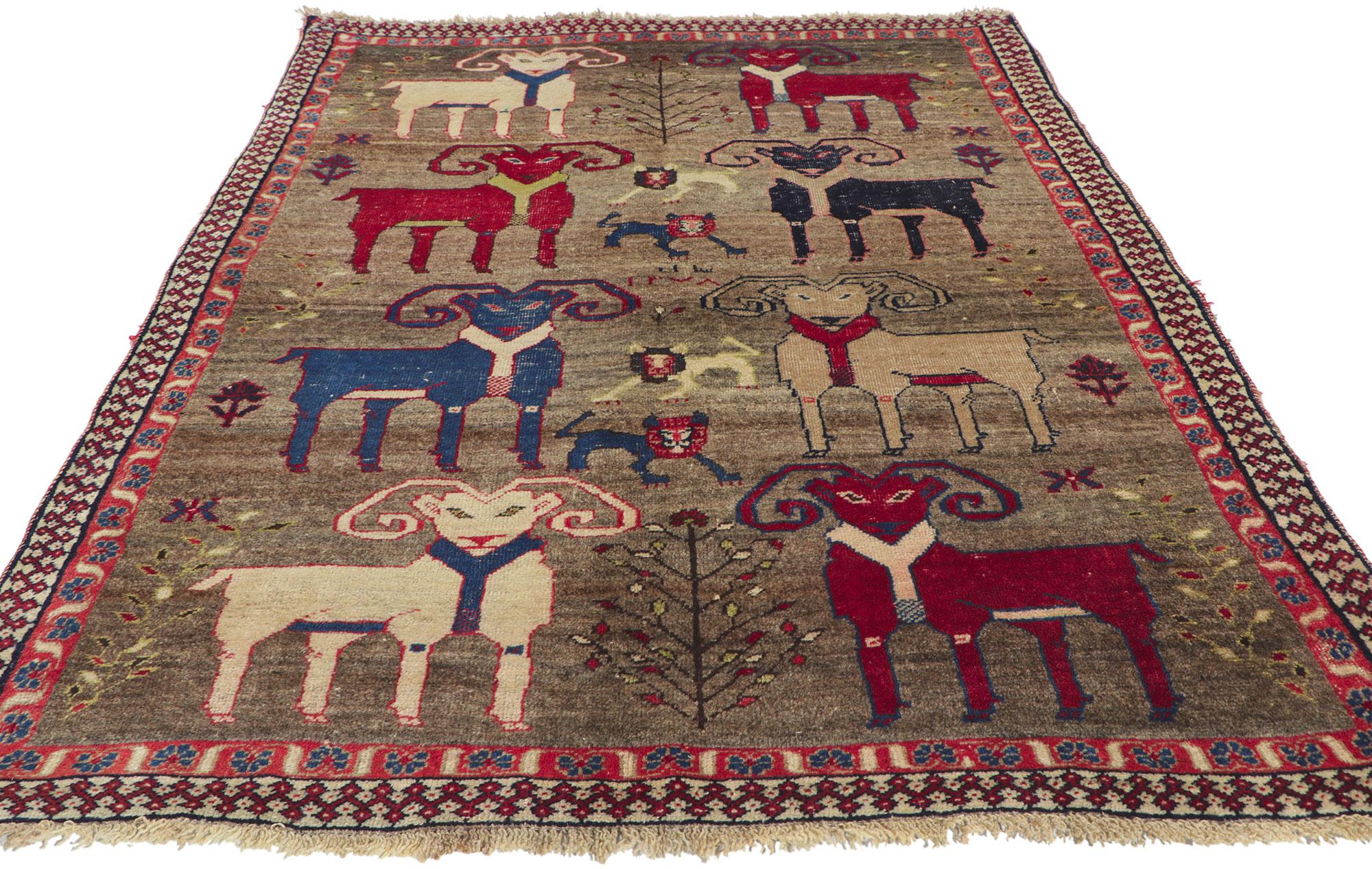 Tribal Vintage Persian Gabbeh Animal Pictorial Rug with Rams and Lions For Sale