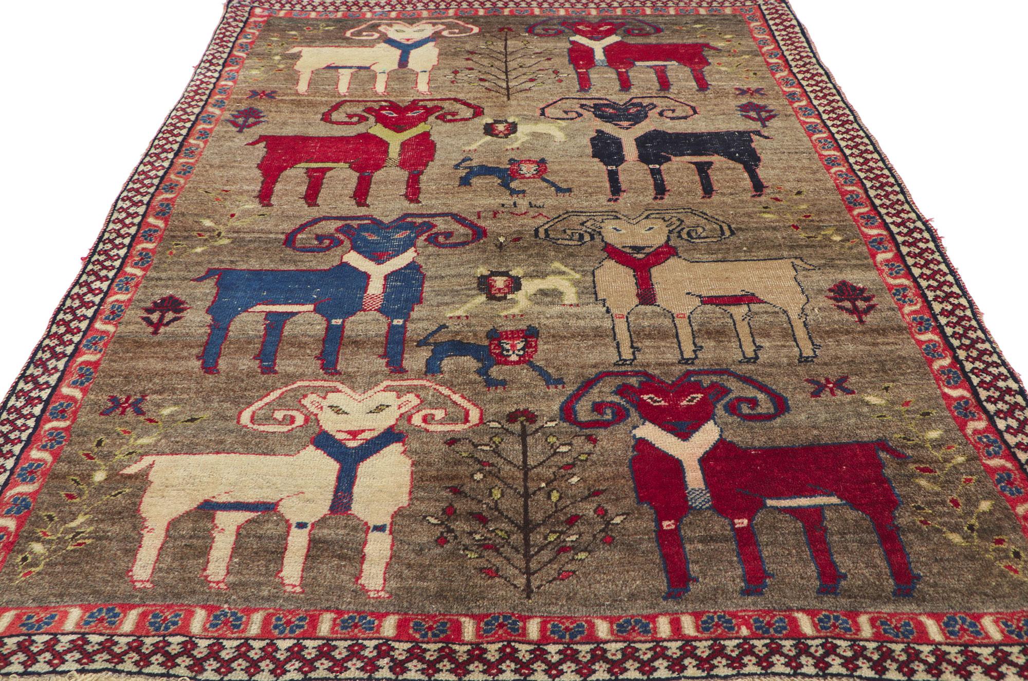 Hand-Knotted Vintage Persian Gabbeh Animal Pictorial Rug with Rams and Lions For Sale