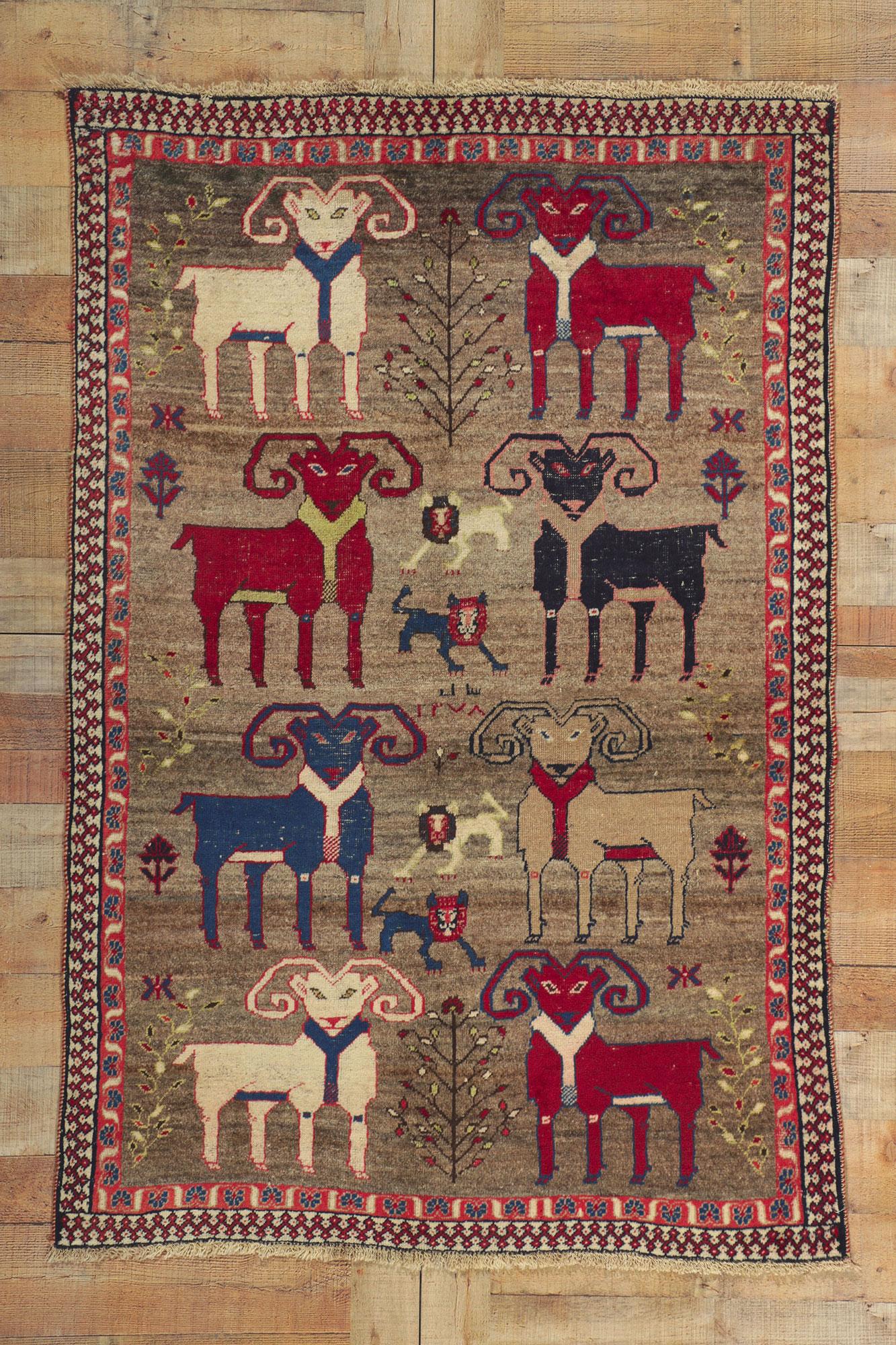 20th Century Vintage Persian Gabbeh Animal Pictorial Rug with Rams and Lions For Sale