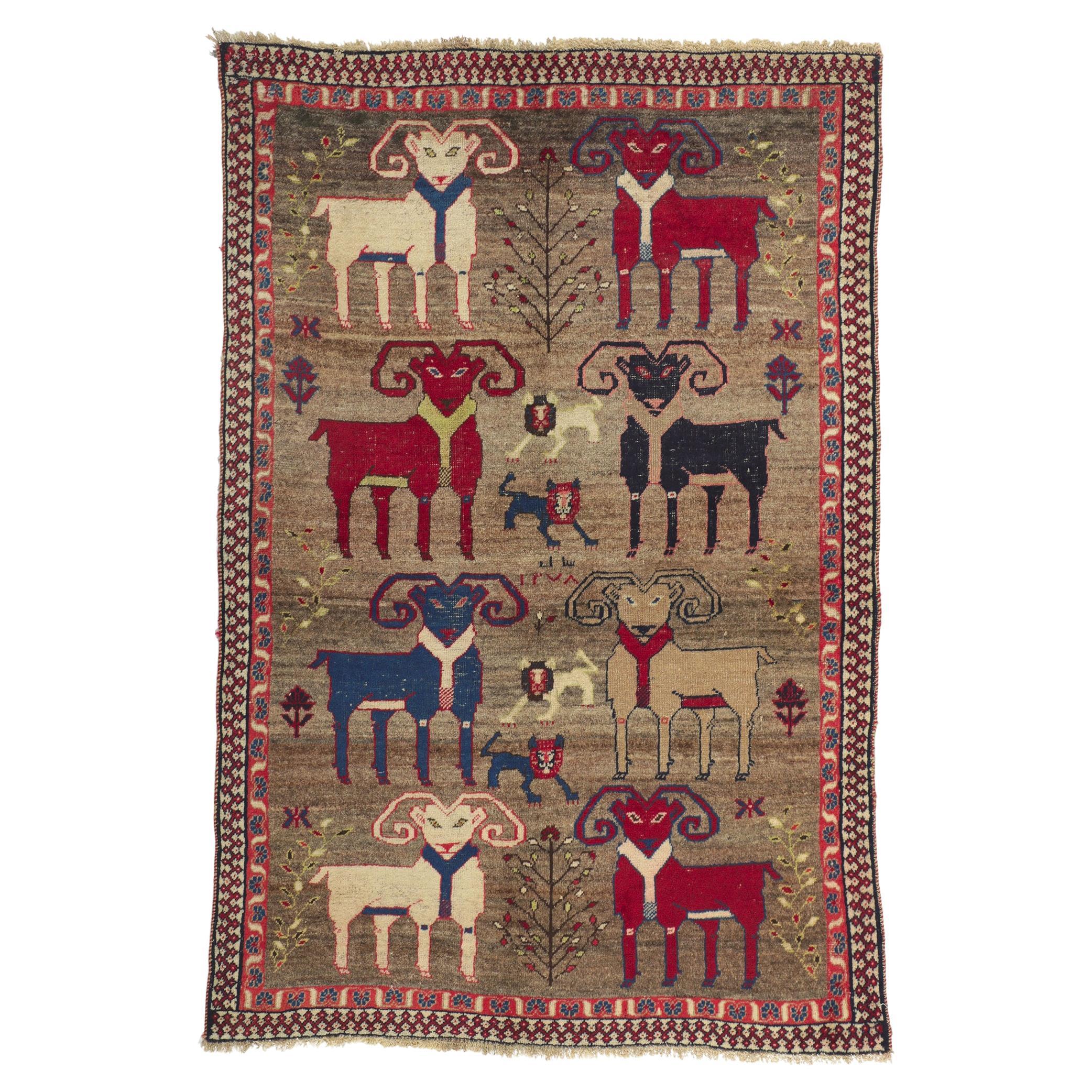 Vintage Persian Gabbeh Animal Pictorial Rug with Rams and Lions For Sale