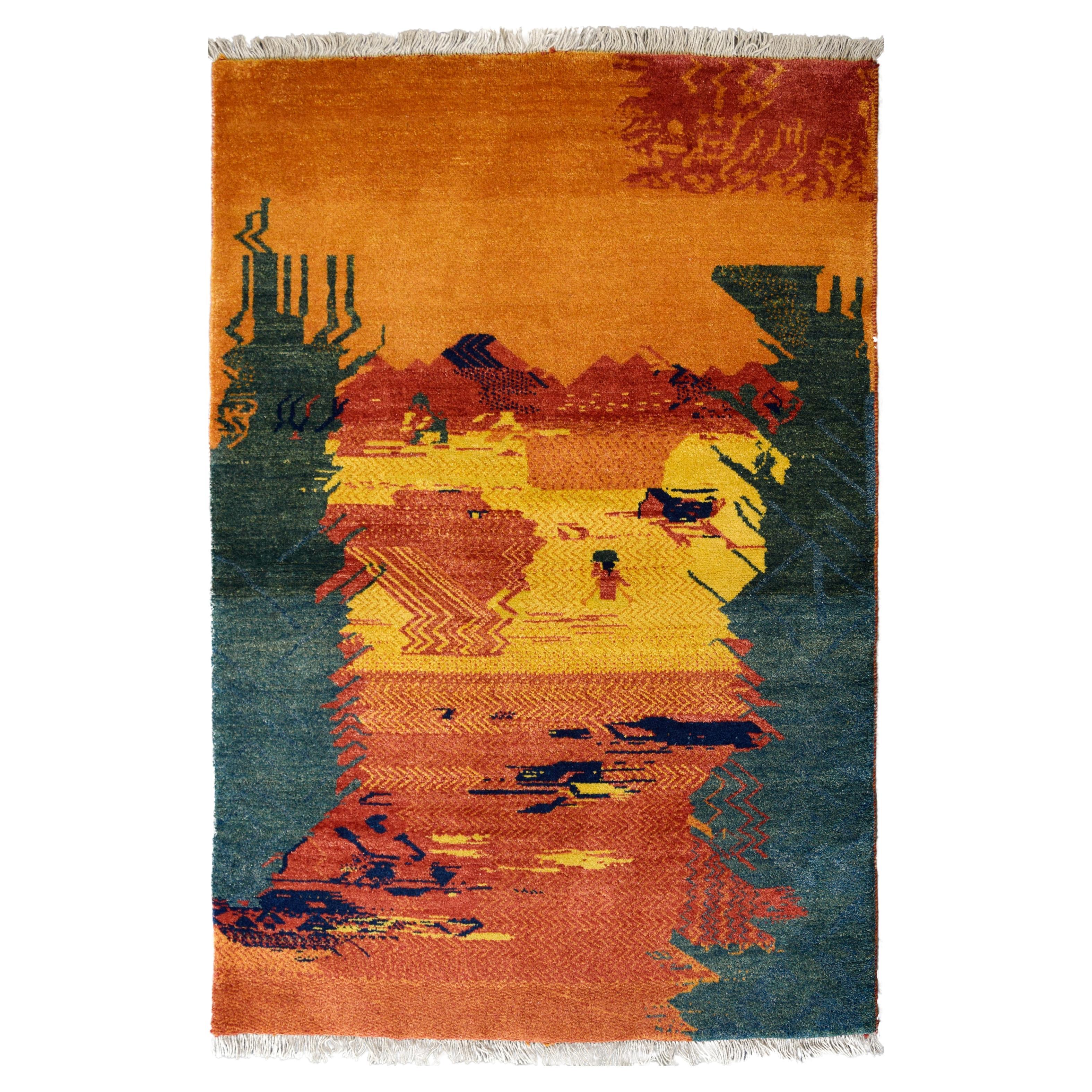 Persischer Gabbeh-Stammesteppich aus Wolle mit Bergmotiv aus Gabbeh, Orange und Teal, 4' x 6'