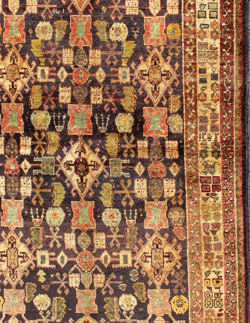 Hand-Knotted Vintage Persian Gabbeh Carpet with All-Over Geometric Design and Midnight Field For Sale