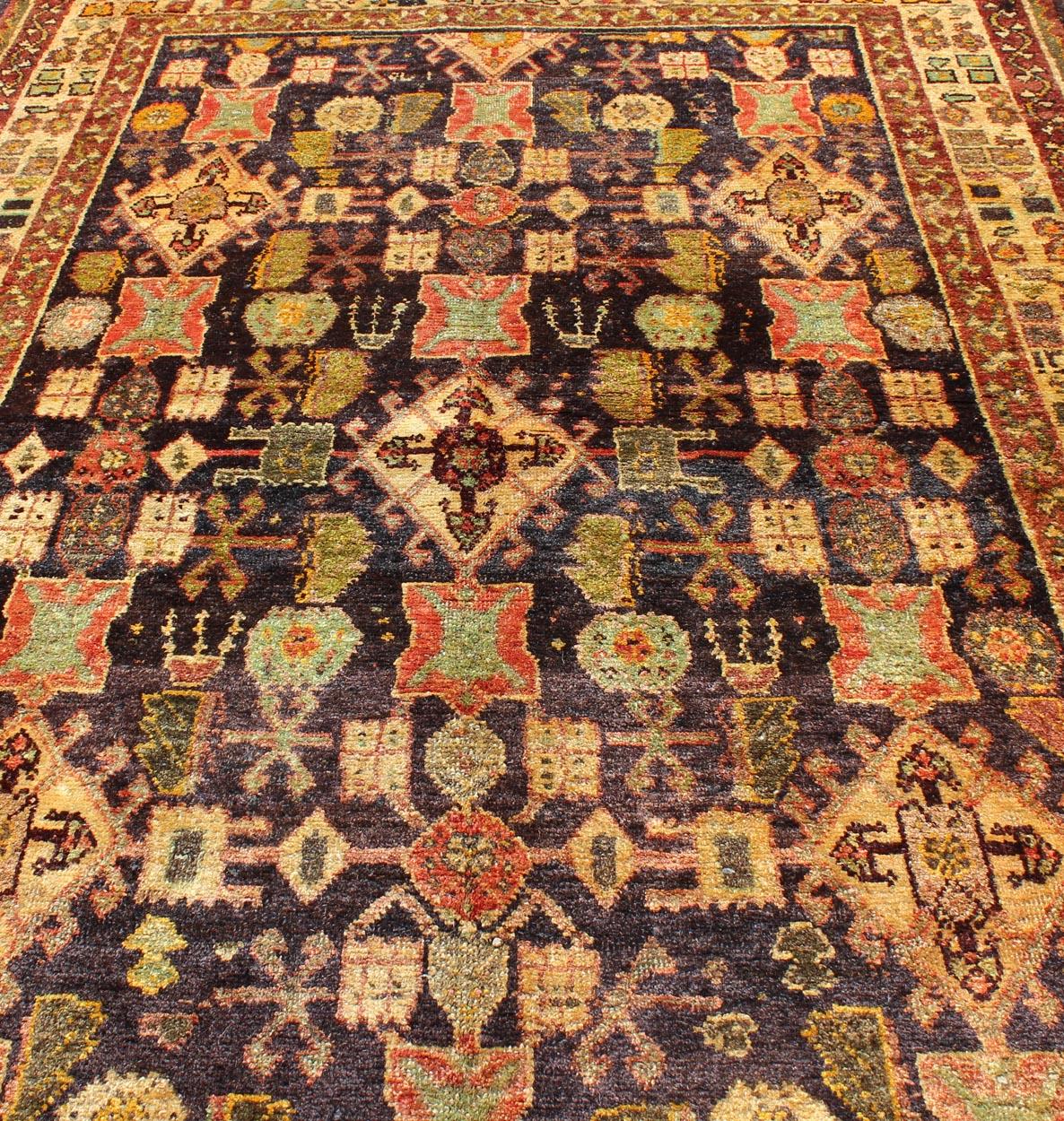 Wool Vintage Persian Gabbeh Carpet with All-Over Geometric Design and Midnight Field For Sale