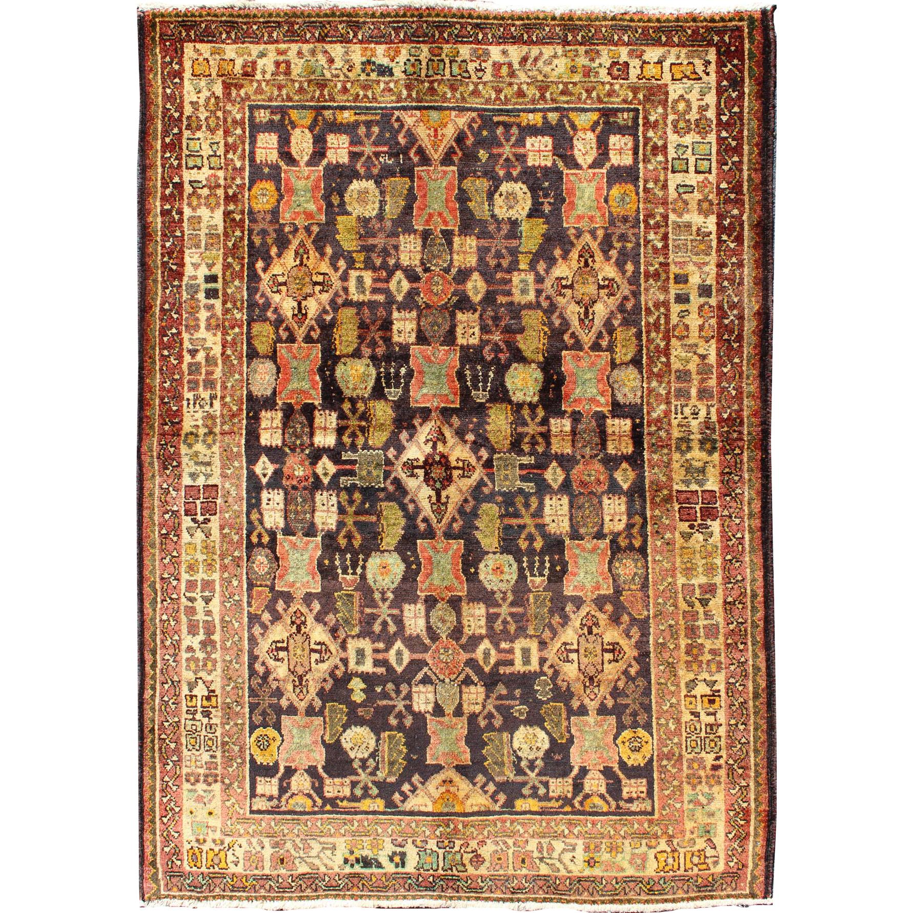 Vintage Persian Gabbeh Carpet with All-Over Geometric Design and Midnight Field For Sale