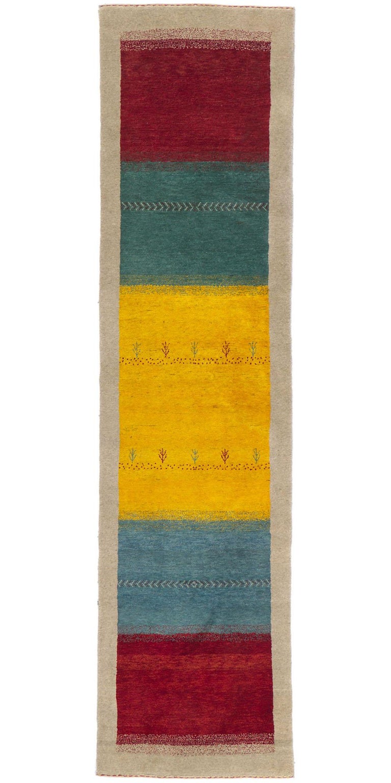?78283 Vintage Persian Gabbeh Hallway runner 02'07 X 10'01.?? Showcasing a bold expressive design, incredible detail and texture, this hand knotted wool vintage Persian Gabbeh runner is a captivating vision of woven beauty. The bold geometric