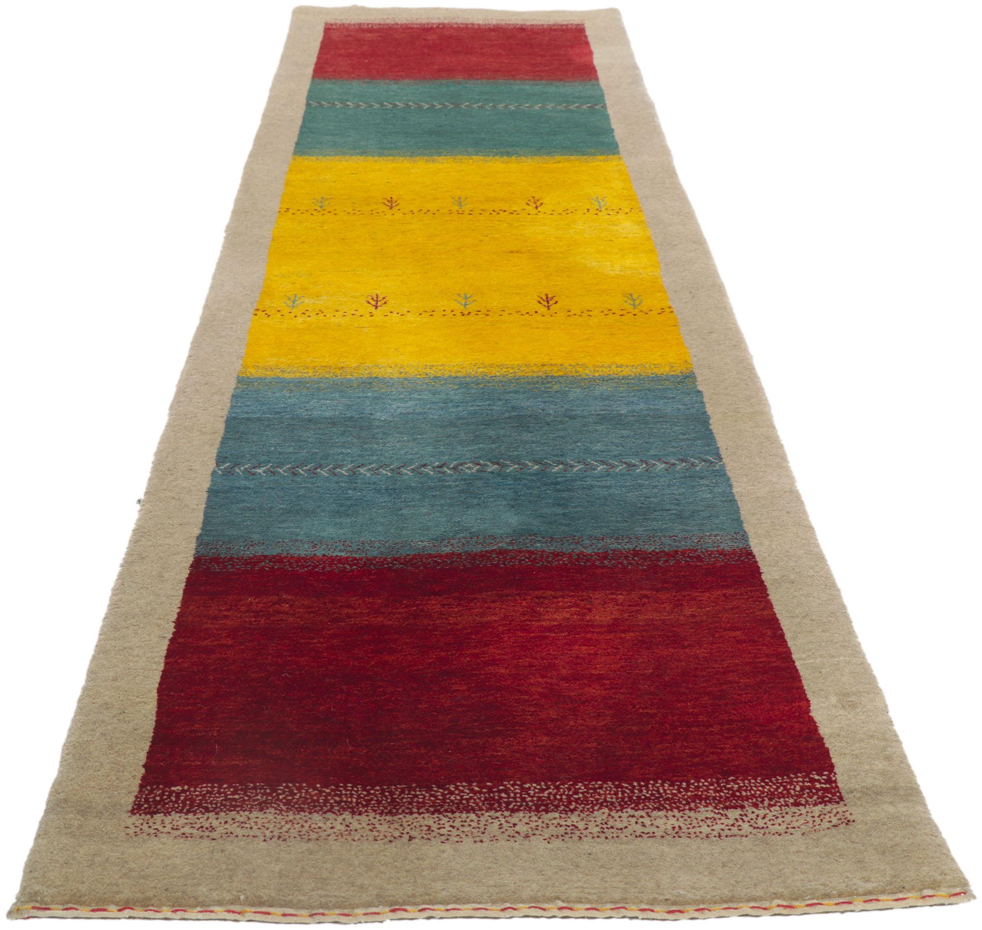 Hand-Knotted Vintage Persian Gabbeh Hallway Runner with Color Block Design
